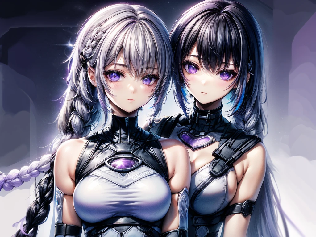 highest quality、Masterpiece、Official Art、cg、The best composition、Man and woman couple hugging、girl（Milky white and purple long hair｜Double braid｜White and black diamond-shaped hair clips on both sides｜Black Cyberpunk）boy（Gray and blue gradient short hair｜Cyberpunk Blue）、The two of them are looking at each other and smiling