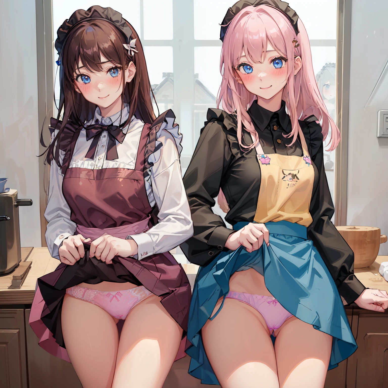 highest quality, masterpiece, ((2 girls:1.5)), ((smile:1.3)), (blush:1.3), Black Shirt, blouse, ((fun!!)), (Small breasts), Blonde, (Long sleeve), ((White apron:1.5)), ((Maid)), ((hair ornaments)), Kamimei, look at me, ((in house:1.5)), Taking a break from watching the audience, Cowboy Shot, Pink, (skirtlift:1.3), (panties:1.3), (skirt that rolls up:1.3), (完全に露出したpanties:1.5), Light blue eyes, long hair, Glowing Eyes