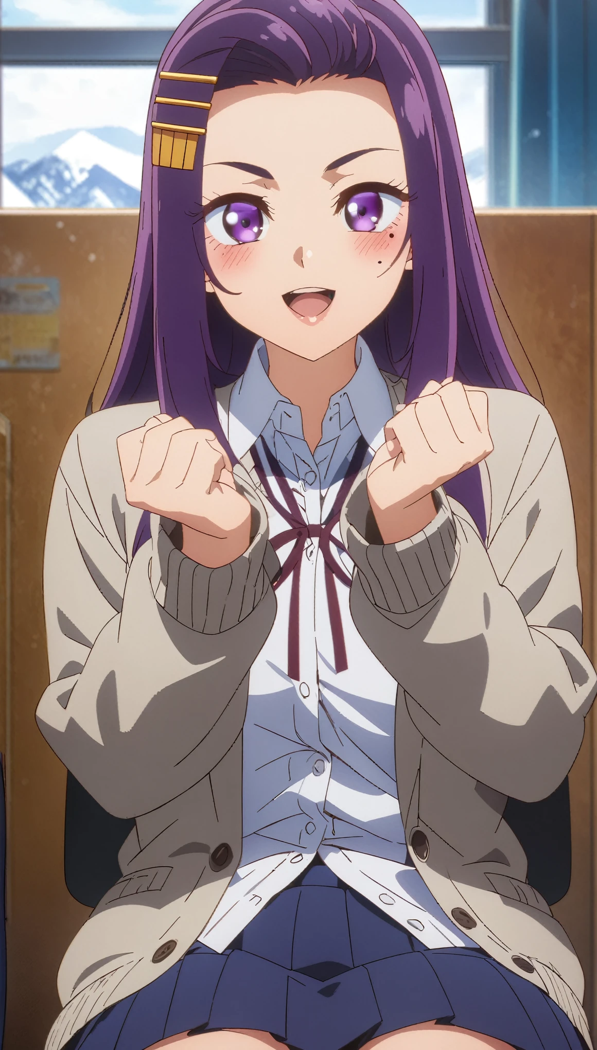 (highest quality:1.2, Anime artwork, Anime Style, Studio Anime, Very detailed, up to date, Vibrant, Anime Coloring, High Contrast, masterpiece:1.2, highest quality, Best aesthetics), 1 female, sayuriakino, Purple eyes, Long Hair, Purple Hair, amount, hair ornaments, Hair Clip, Mole under the eye, White shirt, Red ribbon, Grey cardigan, Blue jacket, blush, smile, Pleated skirt, Sitting in a chair, look up, Cowboy Shot:1.2, stare, Open your mouth, wave hands:1.4, 視聴者をstaresmile, School classroom, Snowy landscape outside the window,