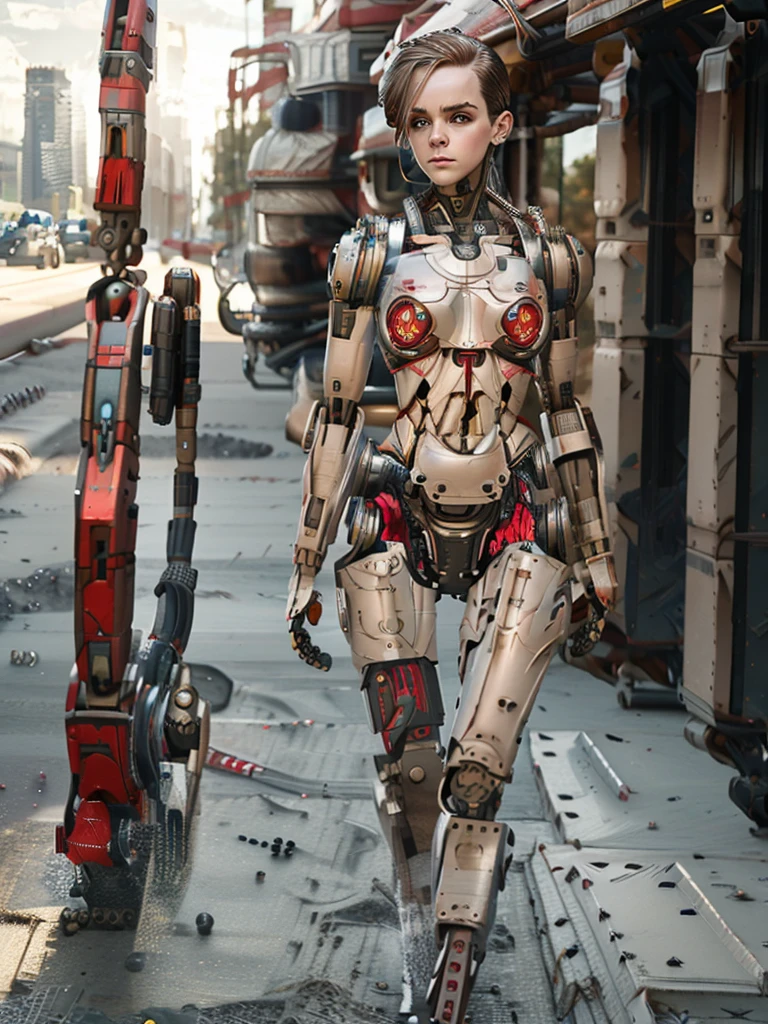 A bald cyborg Emma Watson, with loose wires, metallic skin, hoses, exposed torso, androidperson, mark brooks, david mann, robot brain, made of steel, hyperrealism, post-apocalyptic, mechanical parts, joints, mecha, j_sci-fi