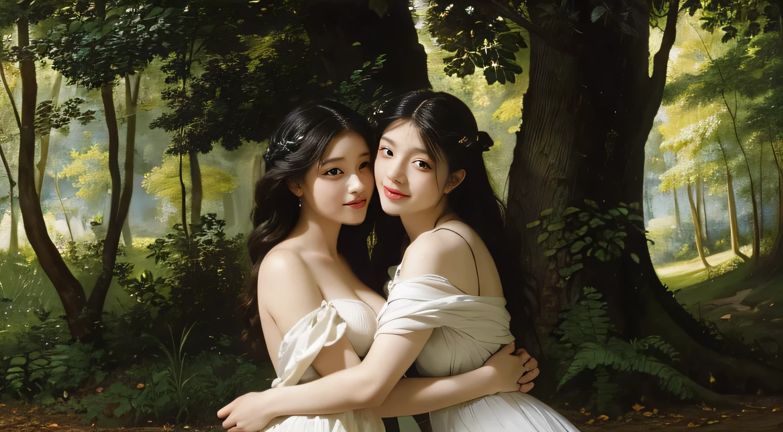 Giorgione painting style,Barbizon forest A beautiful woman in Greek dress smiles on the shore,Sweet and seductive appearance.、Caravaggio's paintings、Chiaroscuro of Caravaggio、hair tousled by the wind,Two women frolicking,cute smile, expression of ,Sexy,erc, fuy portrait 
