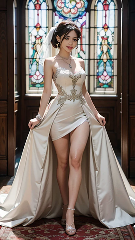 highest quality, Realistic, Very detailed, finely, High resolution, 8k wallpaper, Beautiful woman,, Brown hair short ponytail, (silk wedding dresses), Perfect dynamic composition, finelyて美しい目, Ample breasts, Realistic , smile, Model Body Type、Earrings,garnet necklace,tiara,(Wearing a watch 1),Beautiful legs,(Church with beautiful stained glass),Full Body Shot:1.3,Smile and laugh,