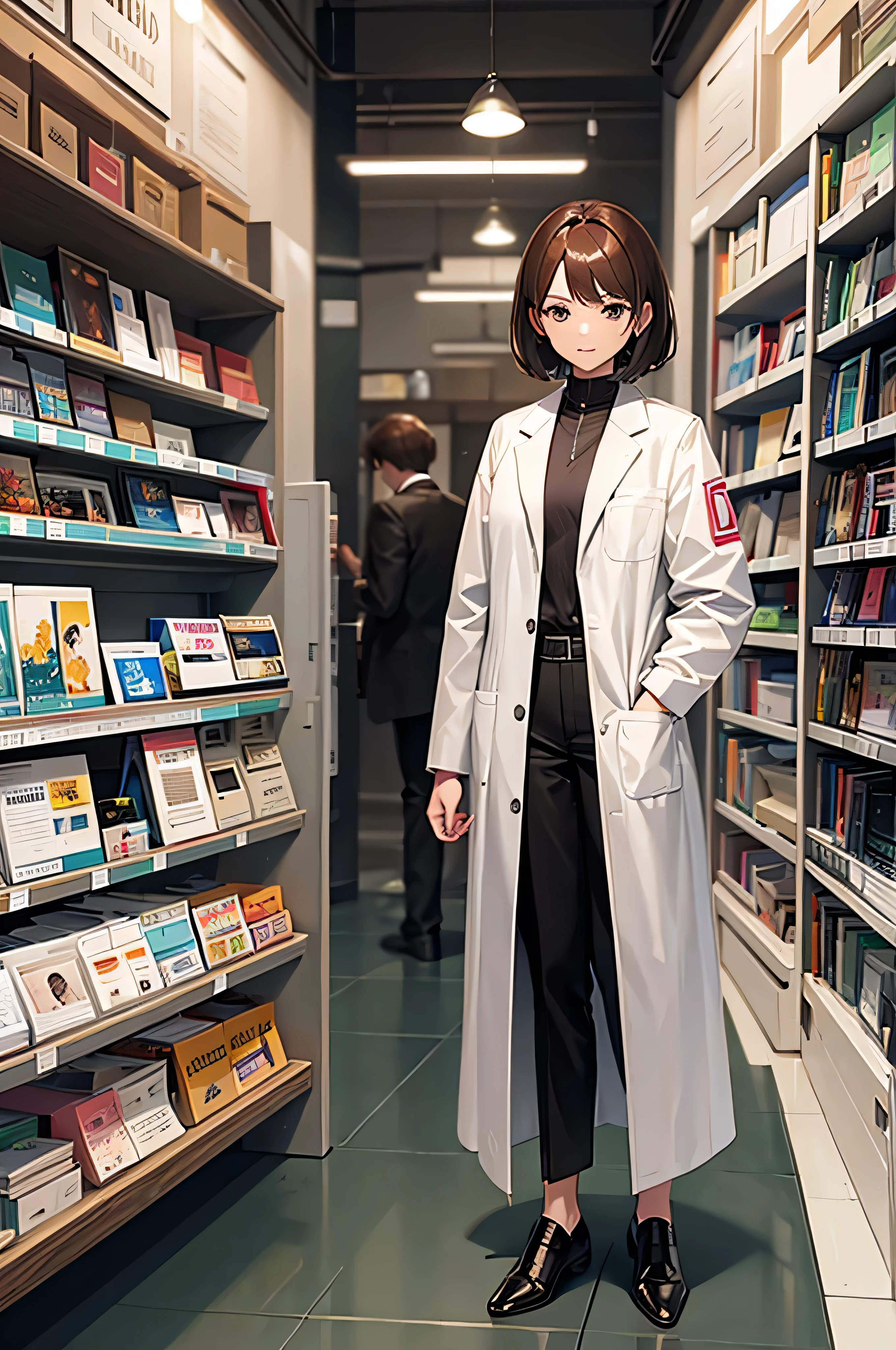 Full body front view brown hair short hair gray eyes researcher lab coat have a book