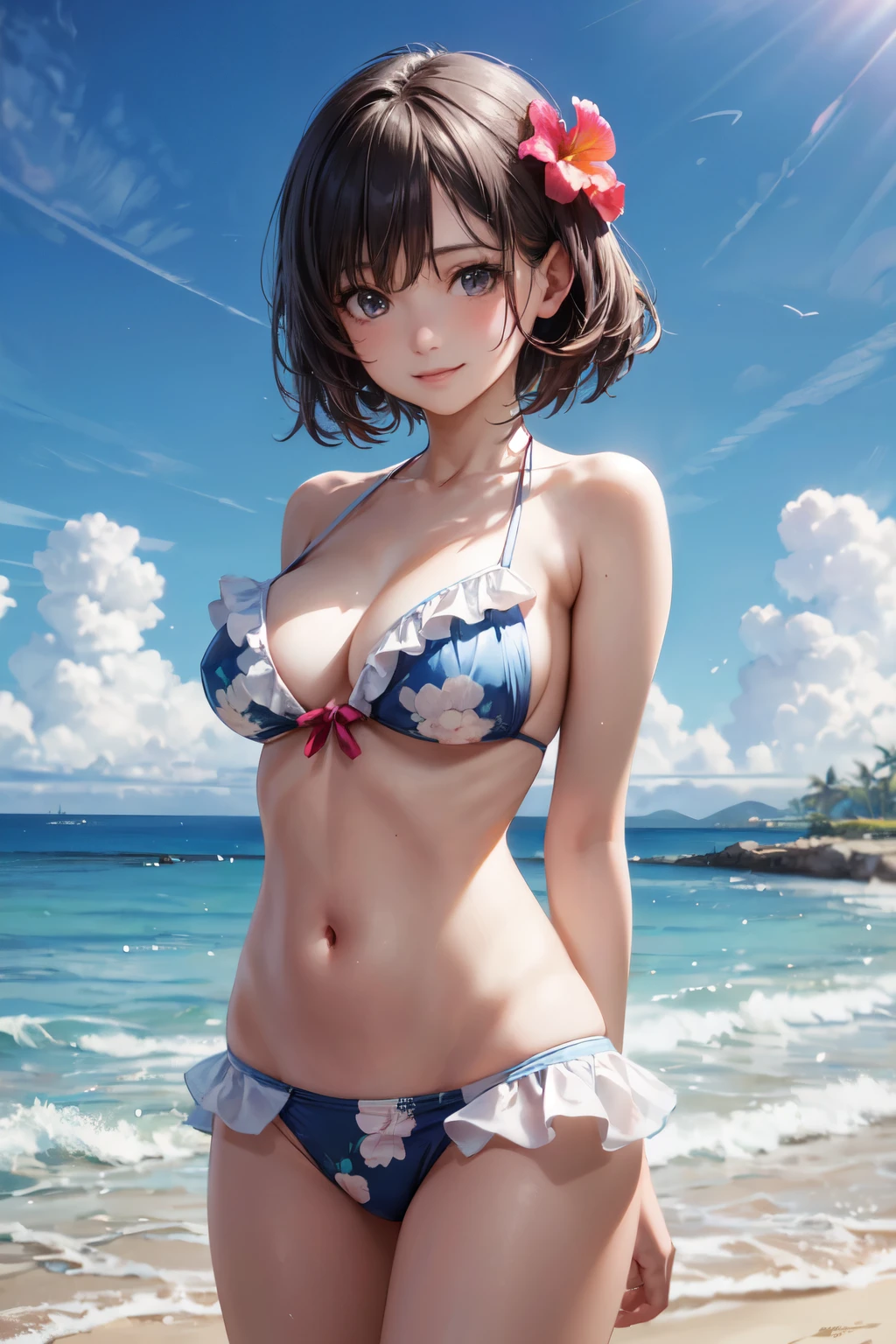 very cute and beautiful girl,(highly detailed beautiful face),(floral frilled blue and white bikini),
standing,arms behind back,looking at viewer,beach,tropical resort hotel,(smile),black hair,
(best quality,masterpiece),absurdres,highres,ultra-detailed,extremely detailed,32k,
cinematic scene,detailed background,solo,dynamic angle, hair fluttering in the wind,beautiful detailed sky,realistic,