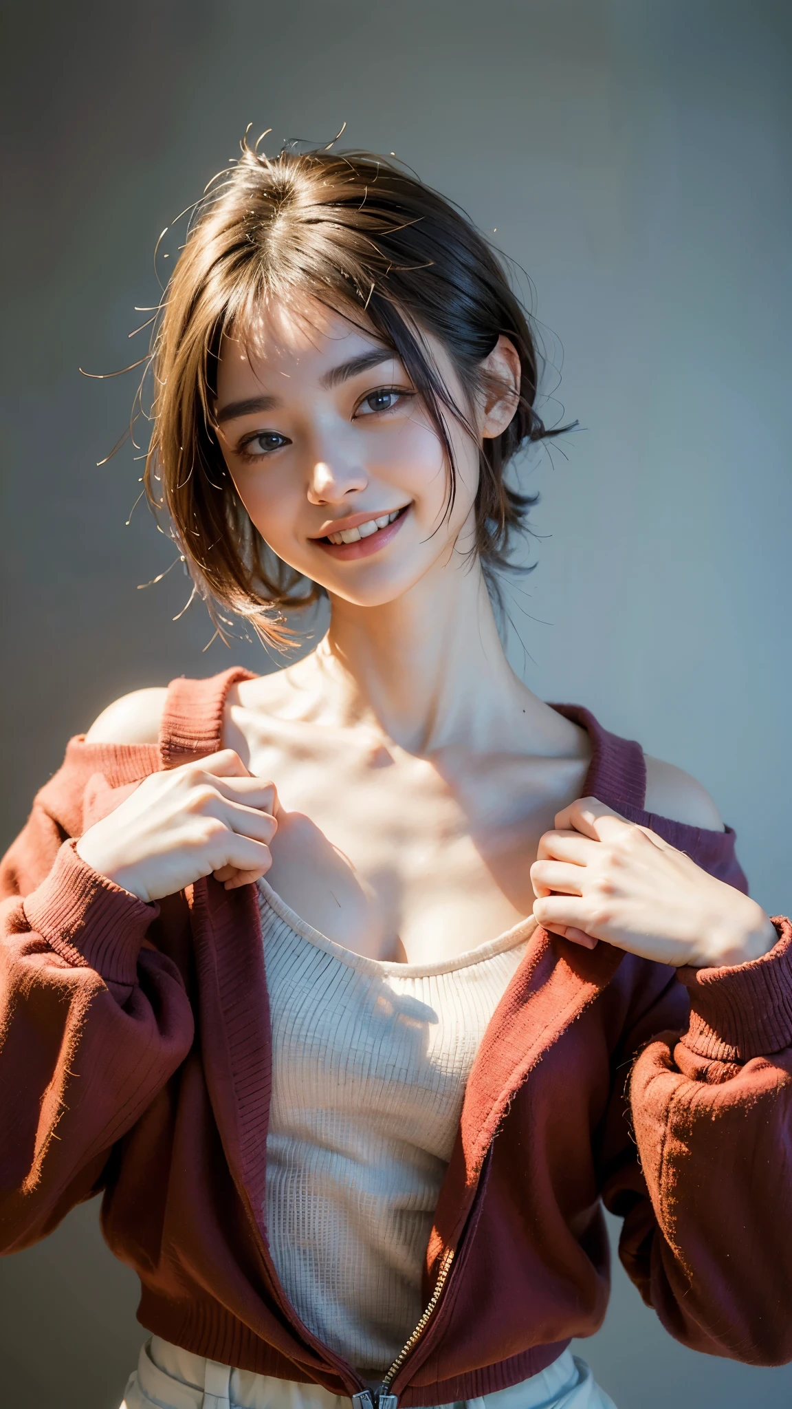 (highest quality, masterpiece, Ultra-high resolution, photo-Realistic:1.6), (Portraiture, Face to face), 1 girl, 20-year-old,Raise your arms and clench your fists, (K-POPアイドルコスチューム), (Very short hair), (short bangs above the eyebrows,,), (Look up at the audience), Realistic, (Simple solid color background), Image Media Chest), (Smile with visible teeth)