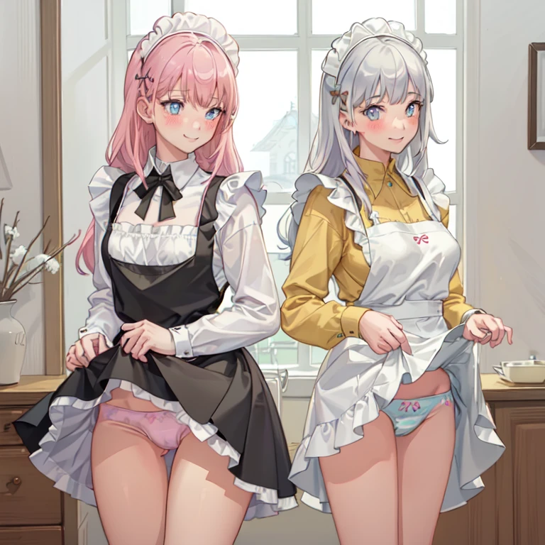 highest quality, masterpiece,((teen)), ((2 girls:1.5)), ((smile:1.3)), (blush:1.3), Black Shirt, blouse, ((fun!!)), (Small breasts), Blonde, (Long sleeve), ((White apron:1.5)), ((Maid)), ((hair ornaments)), Kamimei, look at me, ((in house:1.5)), Taking a break from watching the audience, Cowboy Shot, Pink, (skirtlift:1.3), (panties:1.3), (skirt that rolls up:1.3), (完全に露出したpanties:1.5), Light blue eyes, long hair, Glowing Eyes