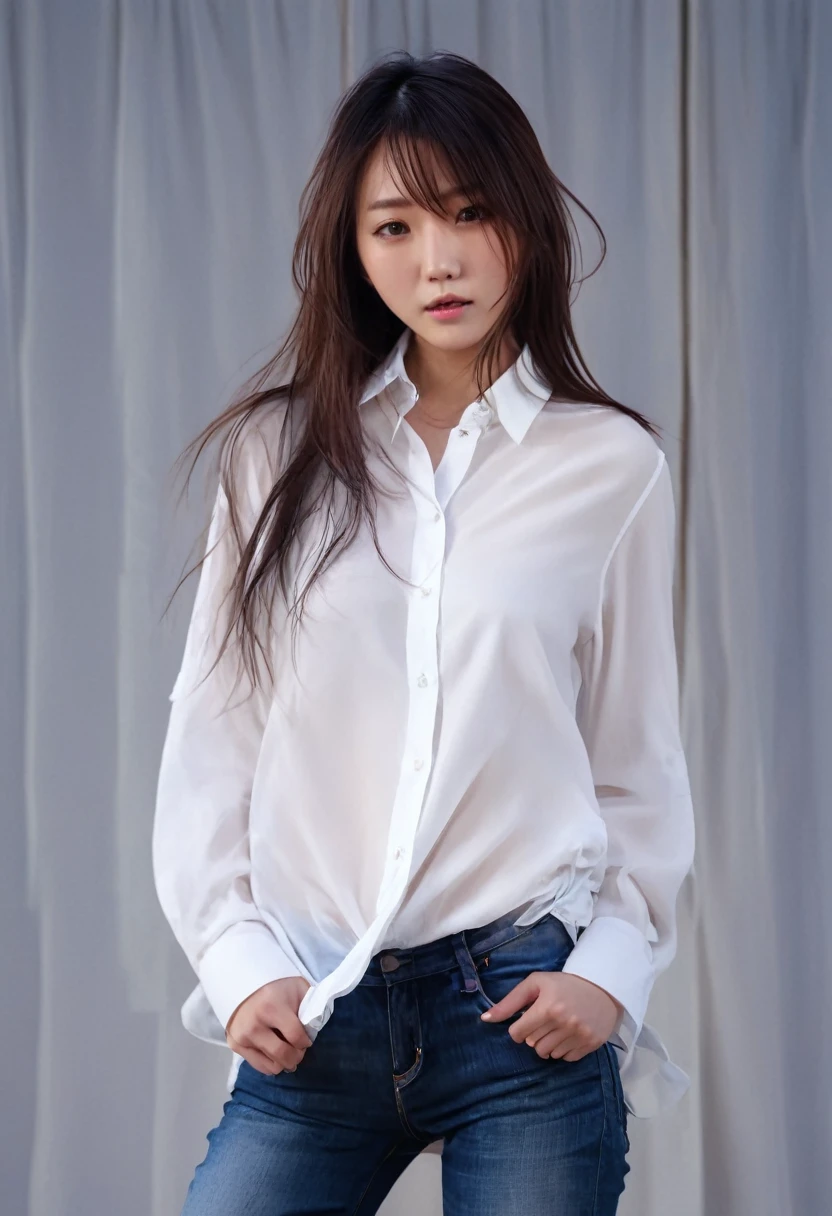 Cinematic colors, Beautiful Japanese Woman, Embarrassed look, (highest quality, Super detailed), Gentle lighting, Flowing hair, Wearing a see-through white shirt and jeans, Delicate features, Dreamy atmosphere