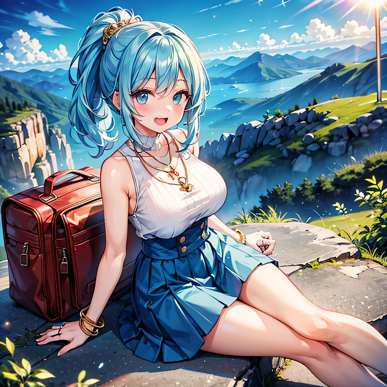 Anime Moe Art Style,highest quality,High resolution,Anatomically correct,One Girl,-teegirl with light blue hair in a ponytail,Super detailed,Fantasy World,Sleeveless blouse,flare skirt,Big Breasts,A rich expression,Laughing with your mouth open,On top of the mountain,Sit directly on the ground,Spreading lunch boxes,Eyes drawn in detail,hair ornaments,necklace,bracelet,ring,8K