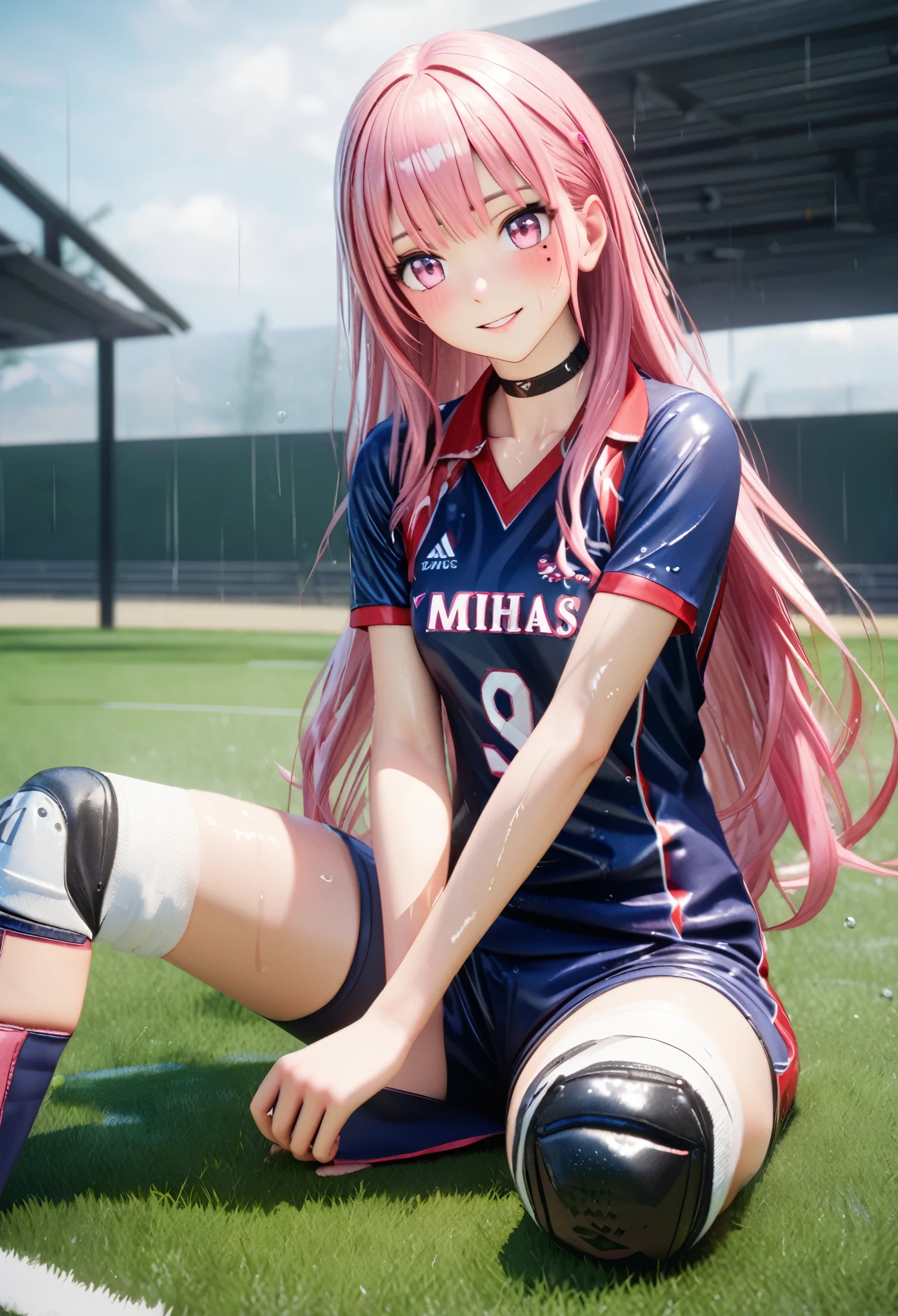 masterpiece, best quality, highly detailed, high resolution, expensive solution, high resolution, 4k, 8k, Unity 8k wallpaper, highly detailed CG, masterpiece, 2d, 3d, beautiful details, depth, fine texture, best quality: 1.3, total concentration, transparent skin, him, very cute anime girl, expensive pink long hair, one girl, volleyball uniform, knee pads on knees, volleyball shoes, on the grass in the schoolyard, it was raining heavily and she was soaking wet. The volleyball uniform was see-through, her hair was soaking wet, smiling long pink hair, full body, on the grass in the schoolyard, heavy rain, mole under eye, gaze, expensive, blush, lips parted, heart, pink eyes, choker