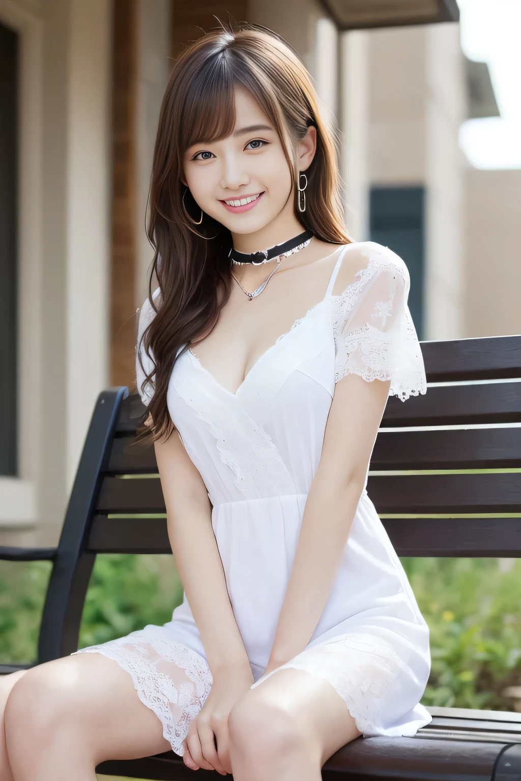 masutepiece, Best Quality, One girl, (Beautiful Girl:1.3), (:1.2), Very fine eye definition, (Symmetrical eyes:1.3), NSFW, (cute little、With net-like slits、Highly detailed mini dress with open neckline、:1.3), Beautiful breasts, Brown eyes, Parted bangs, Brown hair, Upper teeth、background outdoor blur、Chain Choker、Sitting on a bench、White panties are visible、Spread legs smile