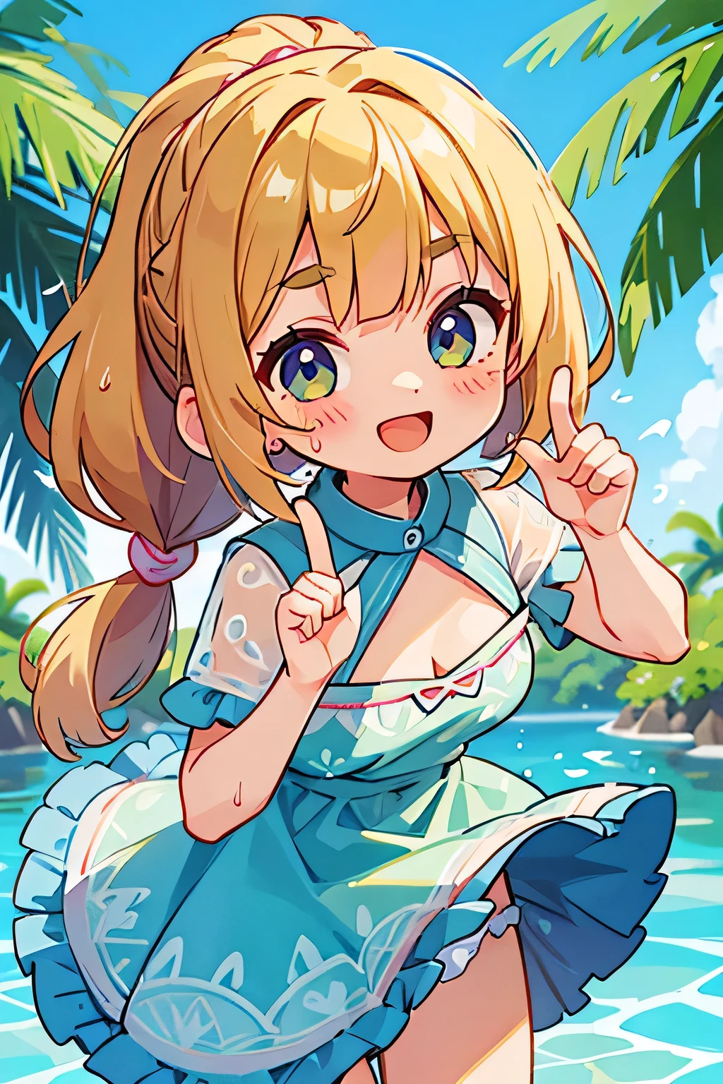 highest quality、High resolution、Detailed Background、(Beautiful face in every detail:1.4)、Anatomically correct、(Hide your fingers:1.3)、(Detailed facial expressions)、(Detailed eyes:1.2)、(Detailed eyes:1.2)、age beauty、(Highly detailed face:1.4)、cute hair color、Bobcut、ponytail、Braided long hair、Wavy Hairstyle、well-groomed eyebrows、Water play spot、Water play slide、Water play event、A neat and cute atmosphere、My whole body gets wet、The swimsuit is shining when wet、Accentuate your cleavage、Laughing playfully、A big smile、Smiling、laughing、smile、
(A beautiful girl is having fun:1.5)、
Ruffled top and high-waisted bikini bottoms、Opt for patterned or brightly colored bikinis、
Pair a strapless bikini top with a wrap skirt、Choose skirts made of patterned or sheer materials、One-piece swimsuit with ruffle and lace details、Bikini with cutout design、Choose intricate designs and different color combinations to create a unique look.、Choose something with a colorful pattern or pop design and pair it with high-waisted bottoms.、cute