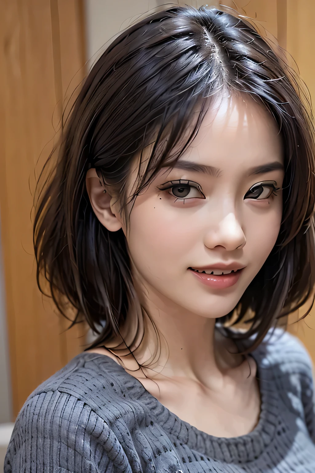 (8k, RAW Photos, highest quality, masterpiece, Realistic, Realistic), (1 female), (The ultimate beautiful Japanese mature), Highly detailed face, (Perfect Teeth), Beautiful Eyes, double eyelid, eyelash, ((smile)), Lip details, (Neat brunette bob), The light shines on your face, (Big Breasts), ((Black T-shirt)), (Upper Body), ((background: none))