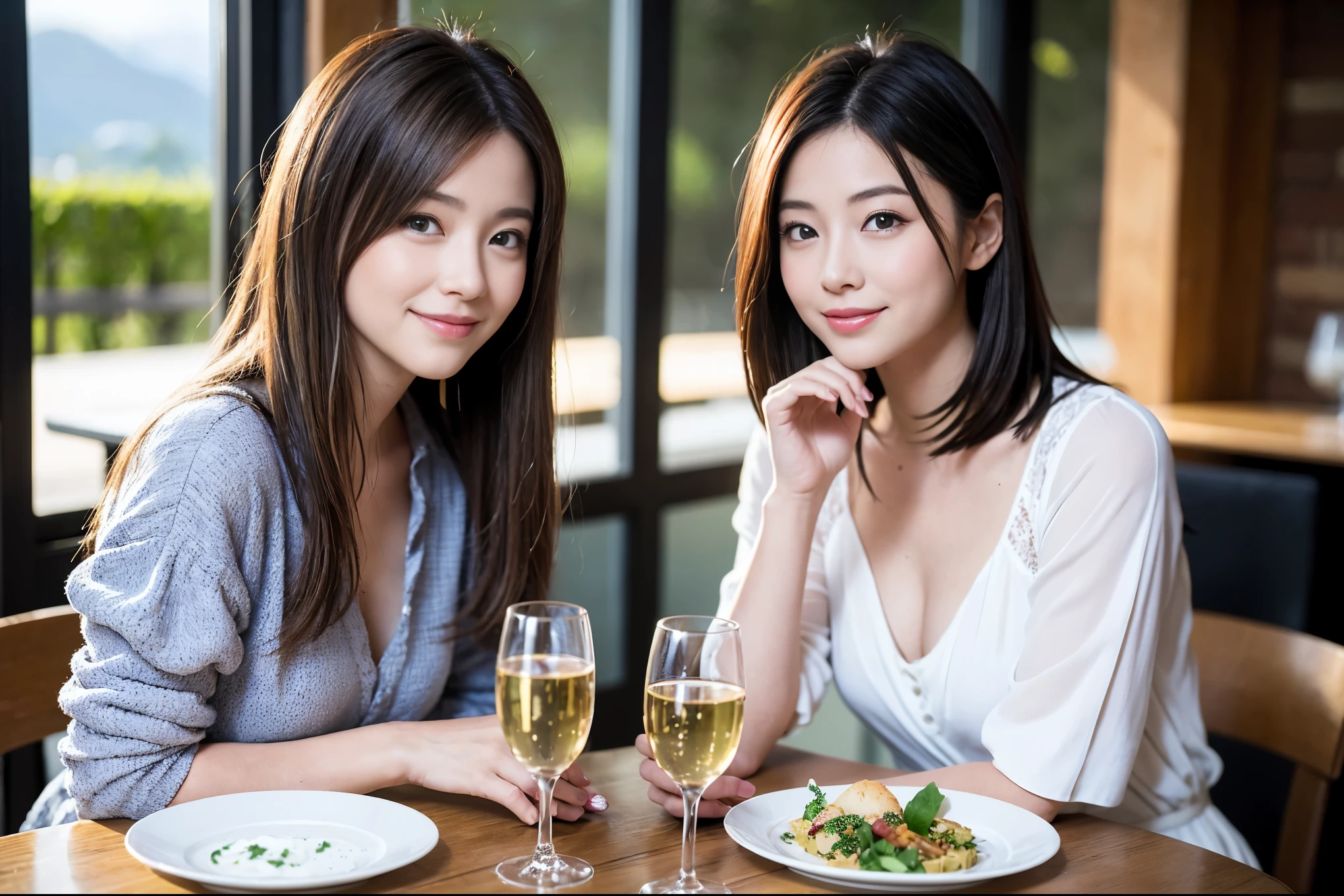 ((highest quality、8k、masterpiece:1.3))、1 male、1 female、Couple、Spouse、Satomi Ishihara-like beautiful couple、The body is slim、((Bob Hale、Straight hair:1.2)), (Realistic, Intricate details:1.2), Wine glass on the table、Put the light on your face、 Amazing view of the sunset sky and clouds、Amazing mountain views、A bright smile、The wonderfulness of smile、Bright image、The beauty of wine, Beautiful Face, blue eyes, The light shines on your face, Blushing, short hair,Bright Face、 (43 years old), 39 years old, red wine 、Appetizers、Italian food、Wine bottle、Champagne、sparkling wine、Two beauties、Brown Hair、Shortcuts、Long sleeve shirt、dress、Pretty Woman 1, (Slim face), (The body is slim), (Brown Hair), (Shortcuts), cheeks turn a little red,Attractive beauty、restaurant, In a prominent place (From the waist up) Nova Frog Style, actress, model, Upper Body, White wine, slim, wine glass, A wine glass placed in the center, smile, (smile: 1.15), Beautiful fine grain, Depth f/2,saturation, High Contrast, Strong light and shadow,Moist Body:1.5、3D texture、Delicate eyes、Brown Hair、The hair is very shiny、