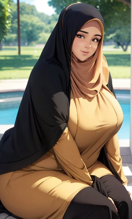 standing, solo, 1girl, mature female, hijab, short girl, long hijab, full hijab, fat girl, fat body, beautiful face, cute face, sideboob, large breasts, thigh legs, areola slip, cleavage, leaning forward, huge breasts, curvy, fat, arms down, looking at viewer, blush, parted lips, light smile, long black hair, black colour hair,