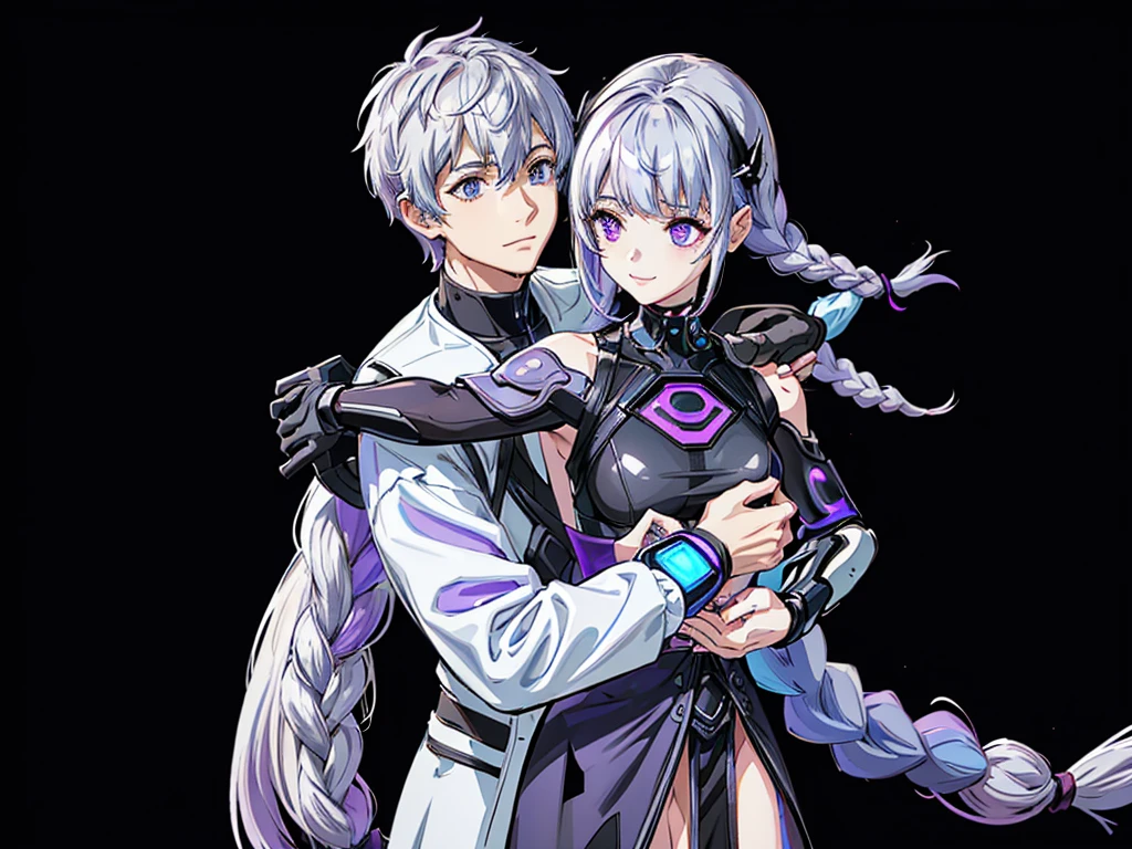 highest quality、Masterpiece、Official Art、cg、The best composition、Man and woman couple hugging、girl（Milky white and purple long hair｜Double braid｜White and black diamond-shaped hair clips on both sides｜Black Cyberpunk）boy（Gray and blue gradient short hair｜Cyberpunk Blue）、The two of them are looking at each other and smiling