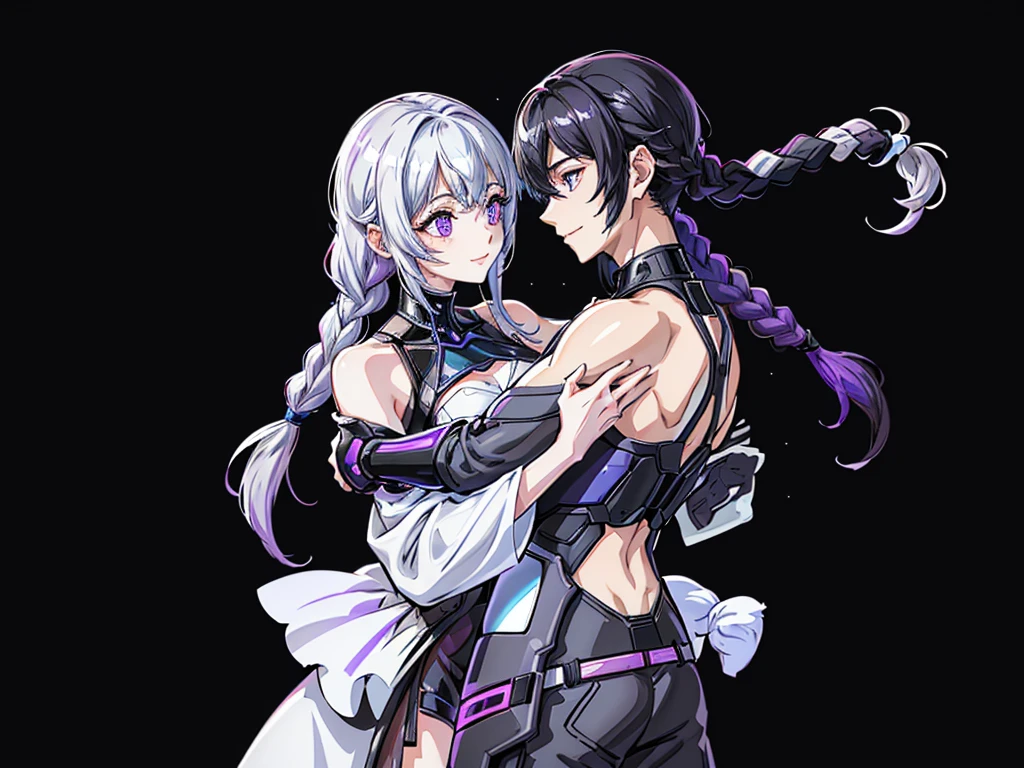 highest quality、Masterpiece、Official Art、cg、The best composition、Man and woman couple hugging、girl（Milky white and purple long hair｜Double braid｜White and black diamond-shaped hair clips on both sides｜Black Cyberpunk）boy（Gray and blue gradient short hair｜Cyberpunk Blue）、The two of them are looking at each other and smiling