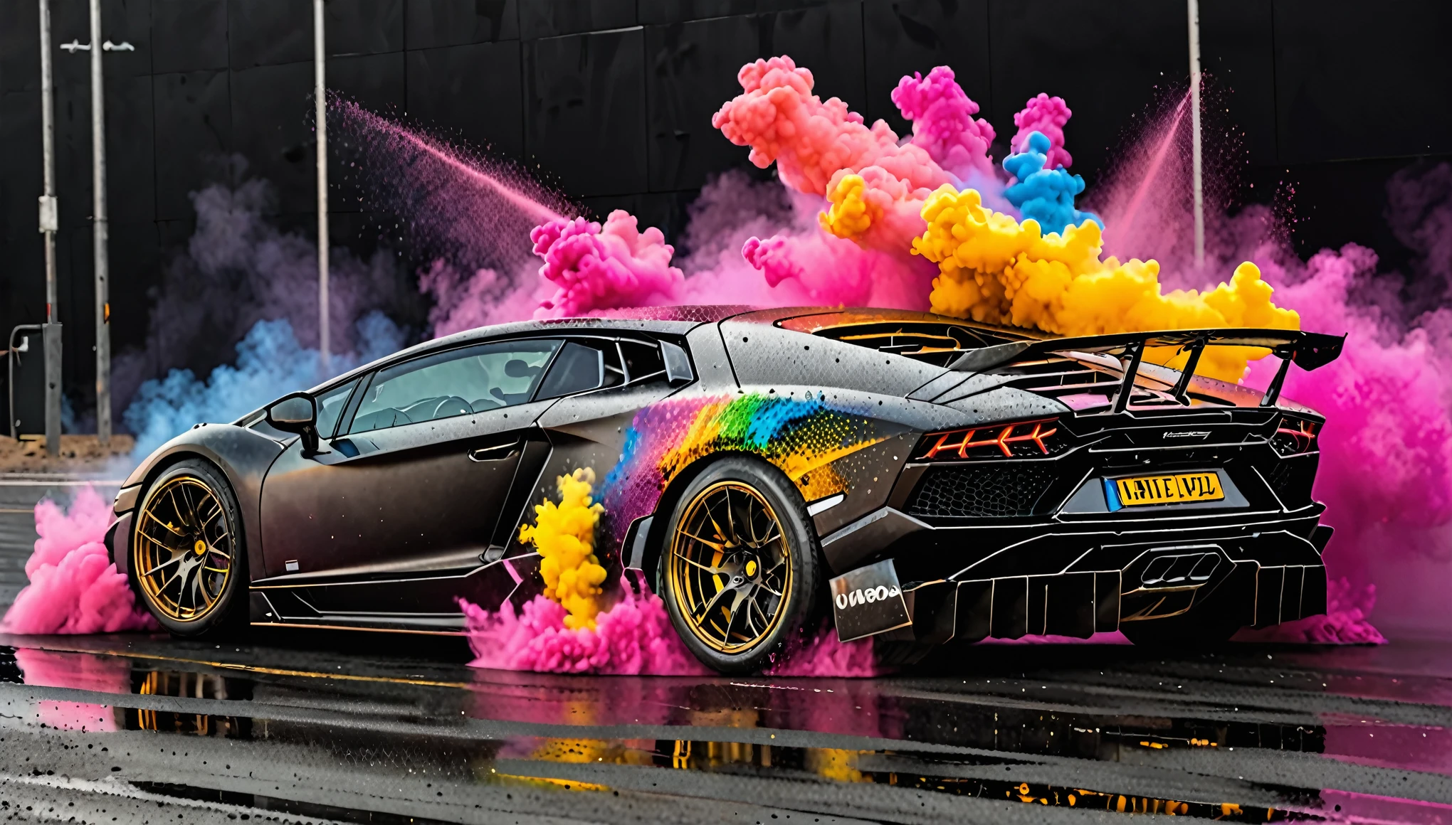 wide body kit Lamborghini, racing through LIQUID METAL, liquid metal sprays up from the cars tyres, Car drifting in a black void , Colorful Powder Explosion, UHD