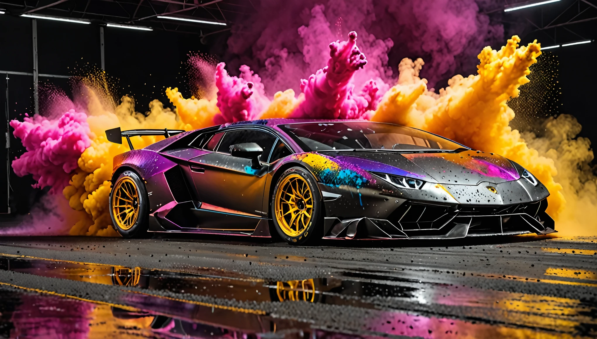 wide body kit Lamborghini, racing through LIQUID METAL, liquid metal sprays up from the cars tyres, Car drifting in a black void , Colorful Powder Explosion, UHD