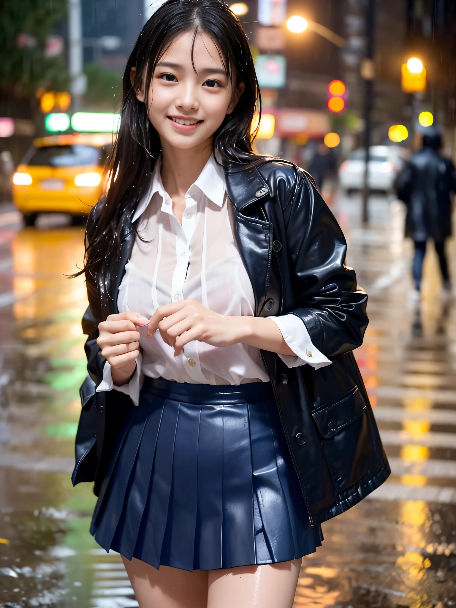 (Best-quality, Masterpiece, Ultra-High-Resolution, (Photorealistic:1.4), Raw Photo, depth of field, professional lighting, perfect anatomy, extremely details), 1girl, 15-years-old, the most famous Japanese idol, innocent smile, cowboy shot, (((standing on street in heavy-rain, wearing extremely wet white-shirt from heavy-rain and extremely wet navy-blue pleated skirt from heavy-rain, extremely wet hair from heavy-rain, extremely wet face from heavy-rain))), (extremely cute face like the most popular Japanese idol, ((extremely cute and extremely big eyes)), extremely beautiful realistic-skins), extremely cute long-eyelashes, extremely cute lips, extremely beautiful wet-body from heavy-rain, extremely beautiful wet-thighs from heavy-rain, light-pink brassiere with cute-patterned showing through wet-shirt