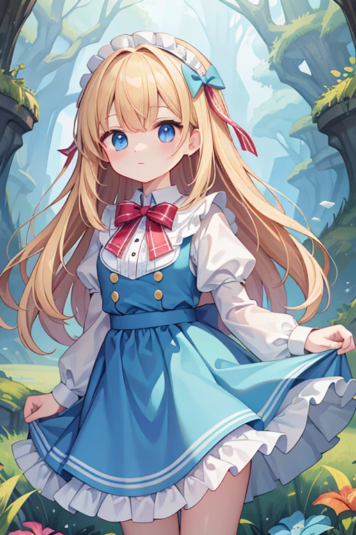 (Official Art、highest quality、unity 8k wallpaper、32k、masterpiece、Very detailed、超A high resolution)、Fantasy、((Alice in Wonderland))、1 female, ************、blonde、Long Hair、Blue colored eyes、Blue Apron Dress、Trump&#39;soldier、rabbit with a clock、Red Rose、White Rose、(Gingerbread_House:1.5)、Stand in front of the house、