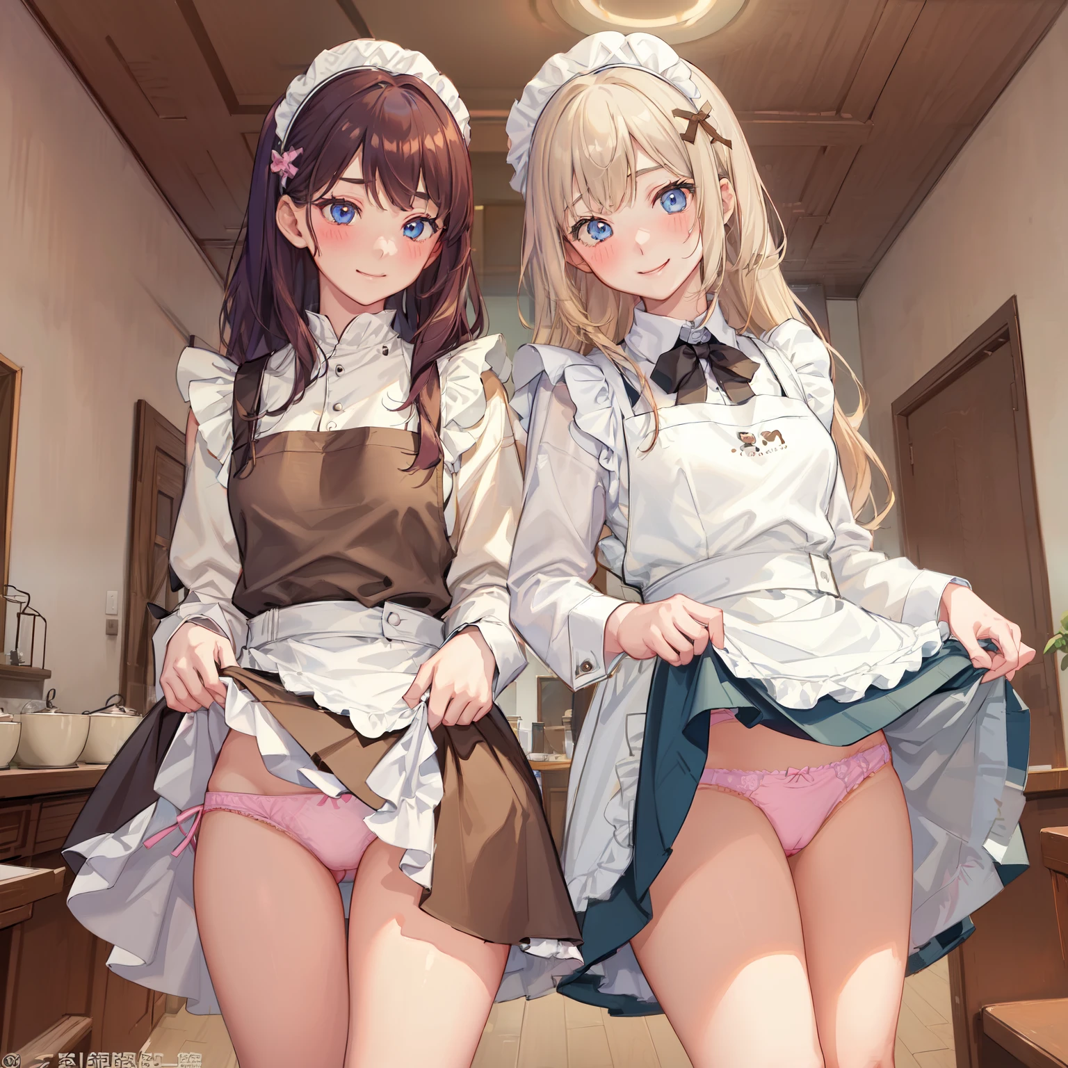 highest quality, masterpiece,(()), ((2 girls:1.5)), ((smile:1.3)), (blush:1.3), Black Shirt, blouse, ((fun!!)), (Small breasts), Blonde, (Long sleeve), ((White apron:1.5)), ((Maid)), ((hair ornaments)), Kamimei, look at me, ((in house:1.5)), Taking a break from watching the audience, Cowboy Shot, Pink, (skirtlift:1.3), (panties:1.3), (skirt that rolls up:1.3), (完全に露出したpanties:1.5), Light blue eyes, long hair, Glowing Eyes
