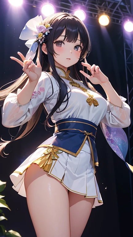 masterpiece, highest quality, One Girl, Thighs, beautiful girl, Flowers, たくさんの小さなflowerびら, flower、Narrow waist, RAWphotograph,Bright lighting、Face Light, Dynamic Lighting, Ultra-realistic, High resolution, photograph, Sharp focus, Highly detailed eyes and face,Symmetrical face, whole body、Big Breasts、Long Hair、チラリと見えるThighs、Deep valley、Beautiful valley、((((Mr.々Expression、Mr.々A pose、、Transparent Ao Dai、Micro Mini Skirt、The stage for the school festival beauty pageant、Low - Angle、Thighs、Wizard))))
