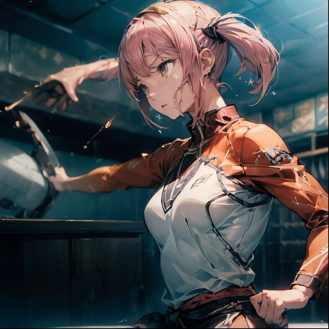 ((Generate images depicting dynamic battle scenes with impactful speed lines:1.8))、Adventure anime, Cinematic, Very detailed, High Default, Perfect body, Dynamic Views, Quality HD12K, Eeek! Girl with pink hair, Beautiful and medium bust line, Wide Hips, Karate practice, Light blue outfit, ier, tight, orange, barefoot, Suppressing anxiety while demonstrating kata at the dojo,