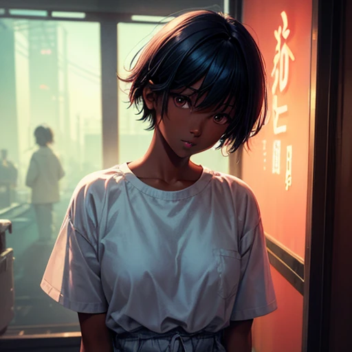 Hair cut short、Dark skinned tomboy girl, illustrated by aoiro studio and masaaki komori, Super detailed, Neon Light, Cinema Lighting, Matte Paint, Painted in oil painting style, Trending on Art Station, modern art, Surreal and dreamy atmosphere.