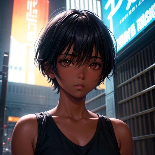Hair cut short、Dark skinned tomboy girl, illustrated by aoiro studio and masaaki komori, Super detailed, Neon Light, Cinema Lighting, Matte Paint, Painted in oil painting style, Trending on Art Station, modern art, Surreal and dreamy atmosphere.