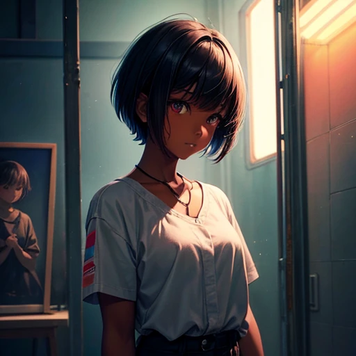 Hair cut short、Dark skinned tomboy girl, illustrated by aoiro studio and masaaki komori, Super detailed, Neon Light, Cinema Lighting, Matte Paint, Painted in oil painting style, Trending on Art Station, modern art, Surreal and dreamy atmosphere.