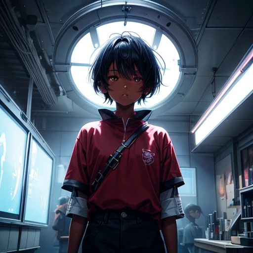 Hair cut short、Dark skinned tomboy girl, illustrated by aoiro studio and masaaki komori, Super detailed, Neon Light, Cinema Lighting, Matte Paint, Painted in oil painting style, Trending on Art Station, modern art, Surreal and dreamy atmosphere.