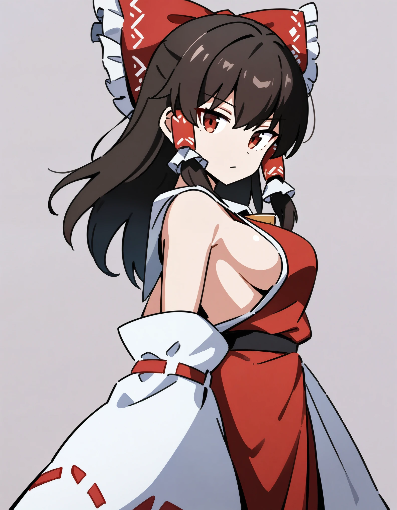 masterpiece, best quality, very aesthetic, absurdres, 1girl, hakurei reimu, touhou, anime style, looking at viewer, upper body, sideboob, medium breasts, standing, expressionless, simple background