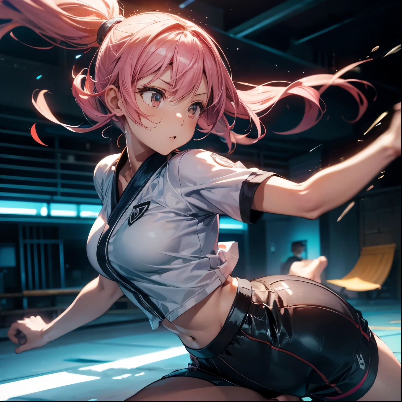 ((Generate images depicting dynamic battle scenes with impactful speed lines))、Adventure anime, Cinematic, Very detailed, High Default, Perfect body, Dynamic Views, Quality HD12K, Eeek! Girl with pink hair, Beautiful and medium bust line, Wide Hips, Karate practice, Light blue outfit, Sexier, tight, orange, barefoot, Suppressing anxiety while demonstrating kata at the dojo,