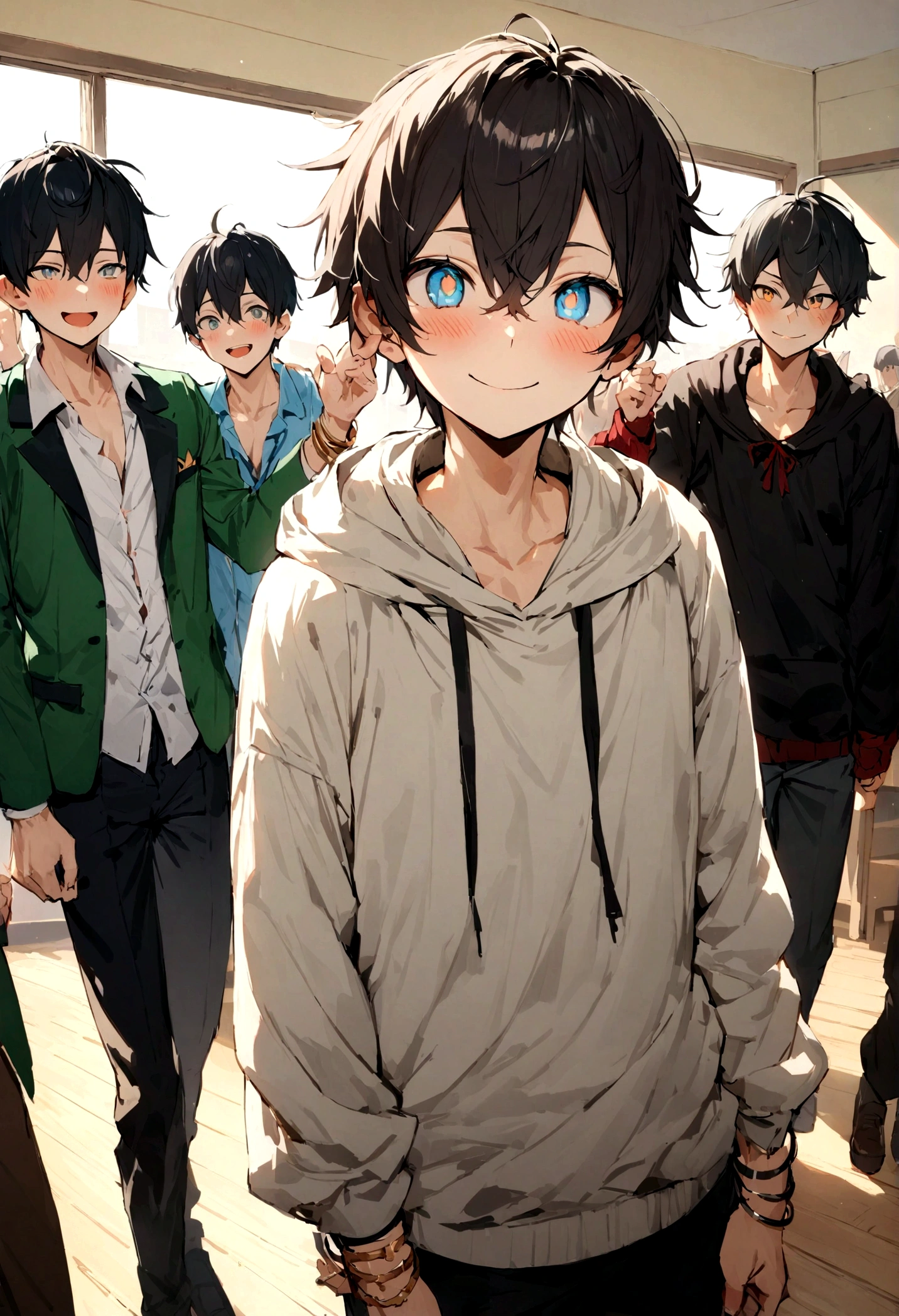 boys,,,,,,boys,,,,,,Bright Eyes,,,blush,,Men's Focus,,,,,,,,,Male Focus,Are standing,smile,Happiness of,bracelet,,hoodie,,,Brainwashed and potentially homosexual,,,Brainwashed in the boys&#39; dormitory,It was pure innocence,,Boys&#39; School,creation,high resolution,4k,8k,quasi-masterpiece,highest quality,