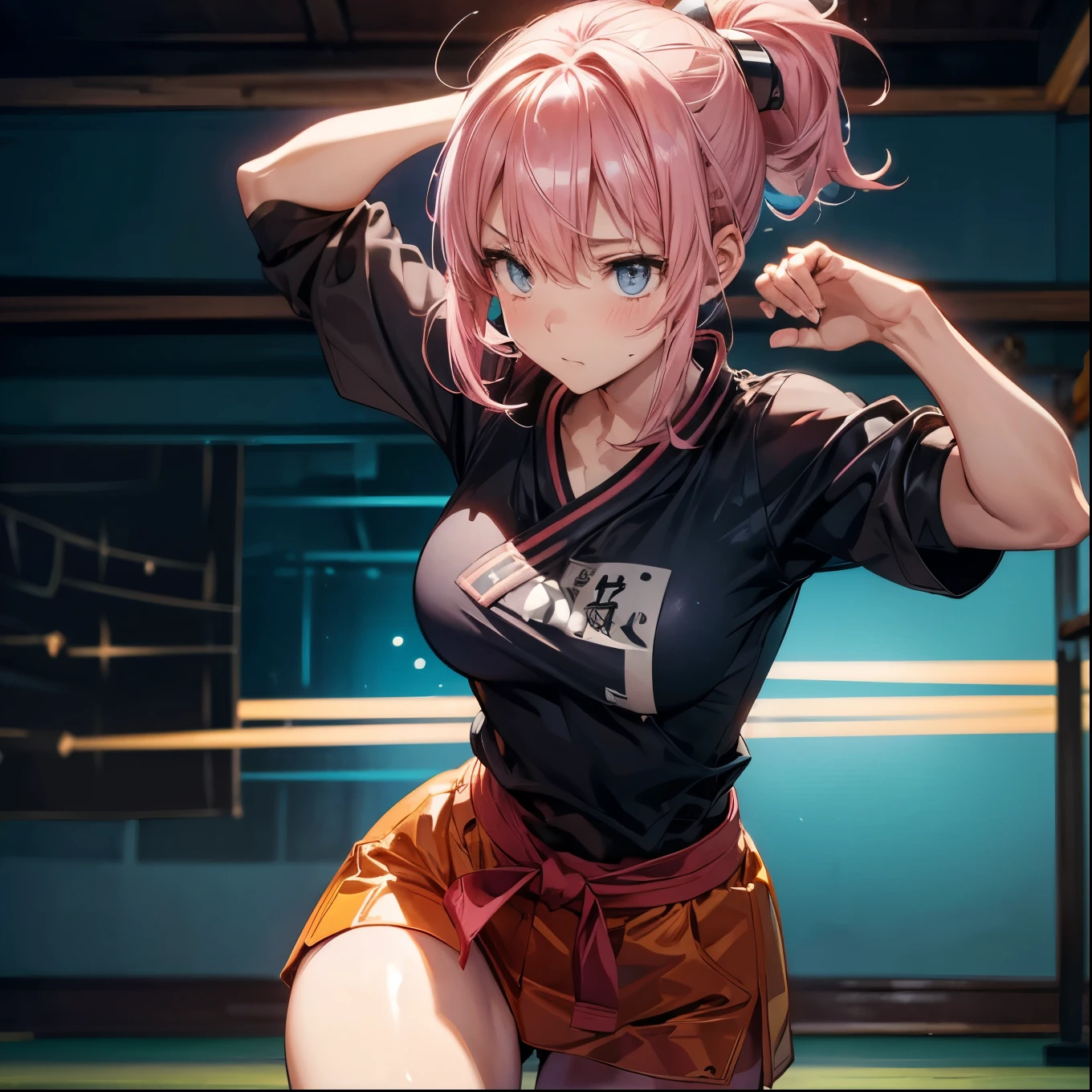((Generate images depicting dynamic battle scenes with impactful speed lines))、Adventure anime, Cinematic, Very detailed, High Default, Perfect body, Dynamic Views, Quality HD12K, Eeek! Girl with pink hair, Beautiful and medium bust line, Wide Hips, Karate practice, Light blue outfit, Sexier, tight, orange, barefoot, Suppressing anxiety while demonstrating kata at the dojo,