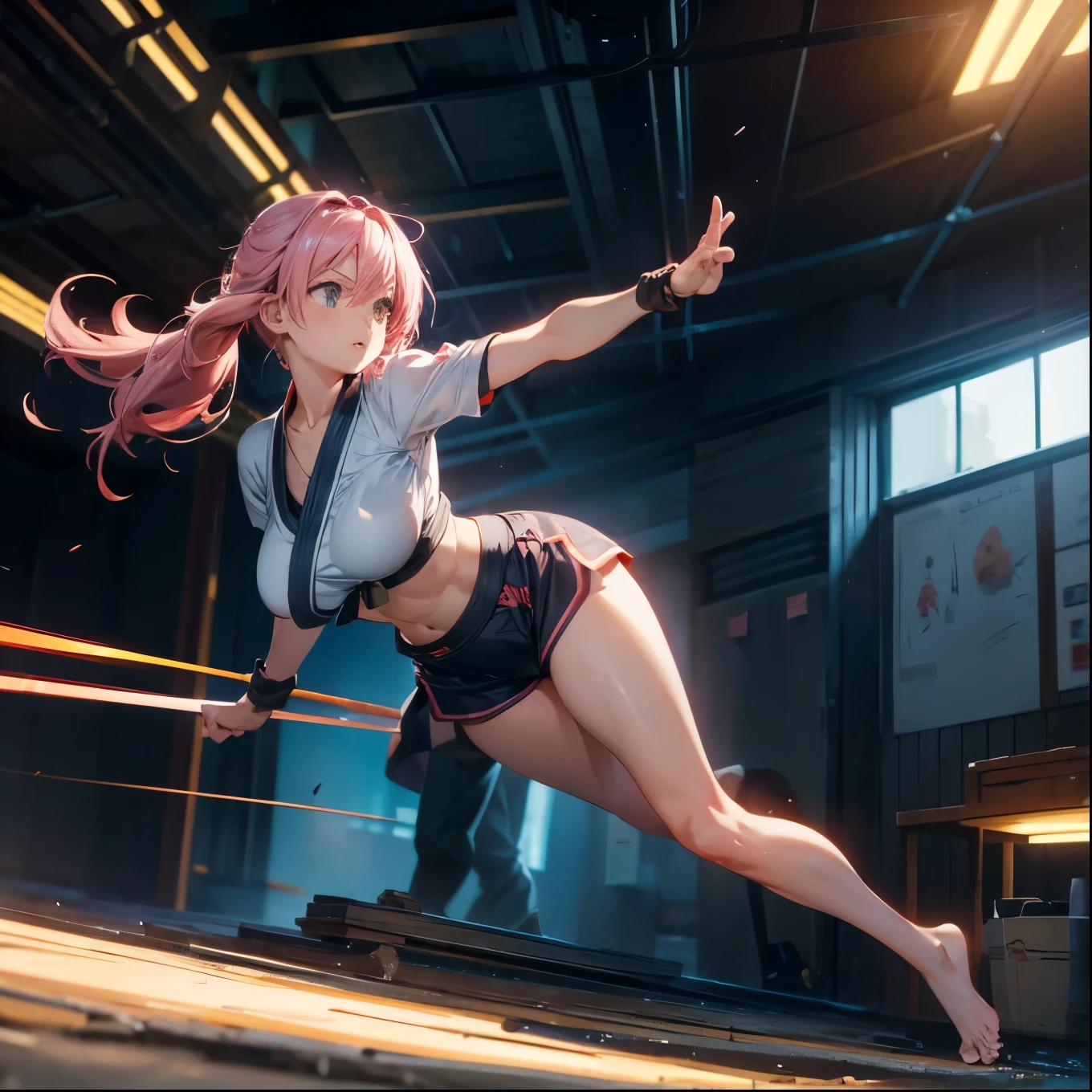 Generate images depicting dynamic battle scenes with impactful speed lines、Adventure anime, Cinematic, Very detailed, High Default, Perfect body, Dynamic Views, Quality HD12K, Eeek! Girl with pink hair, Big Breasts, Wide Hips, Karate practice, Light blue outfit, Sexier, tight, orange, barefoot, Suppressing anxiety while demonstrating kata at the dojo,