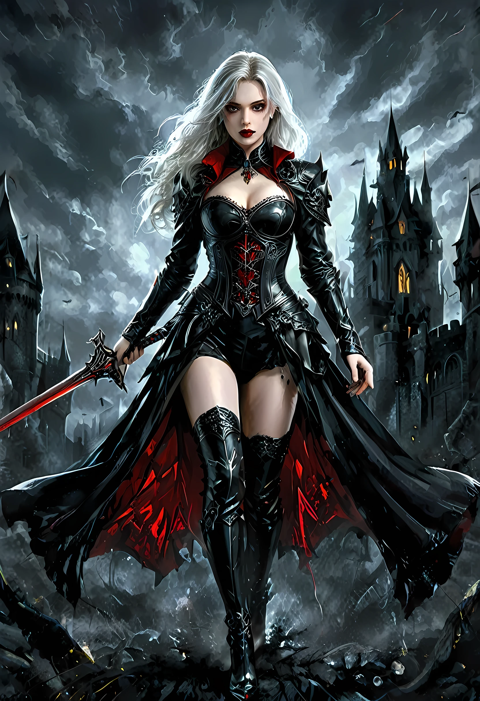 modisn disney, Arafed, action shot, Dark fantasy art, fantasy art, goth art, a picture of a female vampire, exquisite beauty, full body shot, dark glamour shot, pale white skin, blond hair, long hair, wavy hair, (glowing grey: 1.3) eyes, she wears a (red: 1.3) red tight suit, ArmoredDress, she holds a sword in hand, (ready for battle: 1.4) , the roses are imprinted on the suit (black: 1.4) black roses, high heels, dark castle, dark, black and color, Dark Art Painting Style, flower dress, dark novel