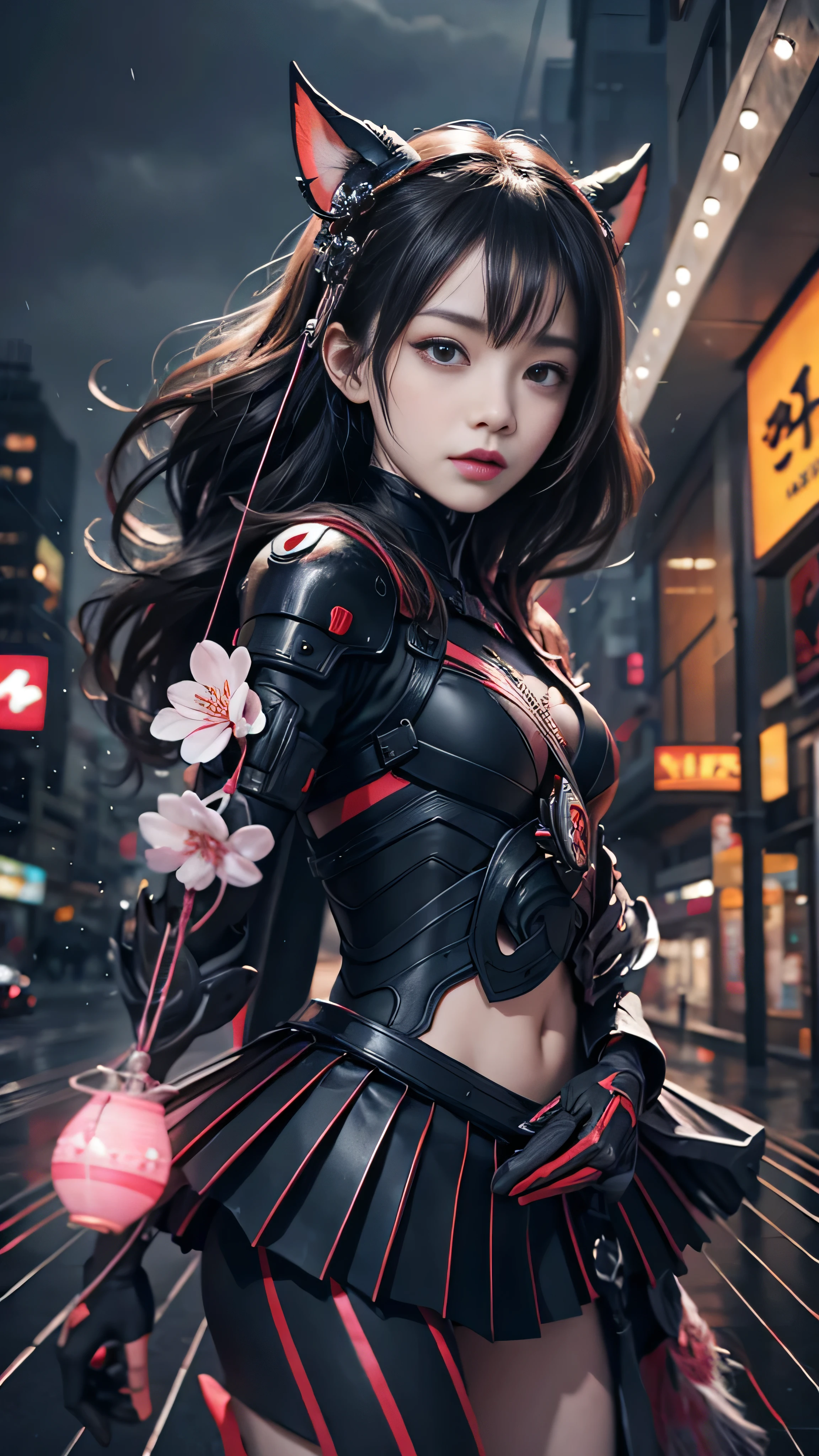 Dark_Fantasy、cyber punk、(Ukiyo-e、Sakura Girl、Black and Red:1.1)、One woman、exquisite armor、Metallic charm、Warframe Elegance、 Dark_Fantasy、cyber punk、(Ukiyo-e、Sakura Girl、Black and Red:1.1)、One woman、exquisite armor、Metallic charm、Warframe Elegance、 In the center of a modern city shrouded in dark clouds、The thunderstorm raged、Heavy rain saturates the streets。In a chaotic situation、