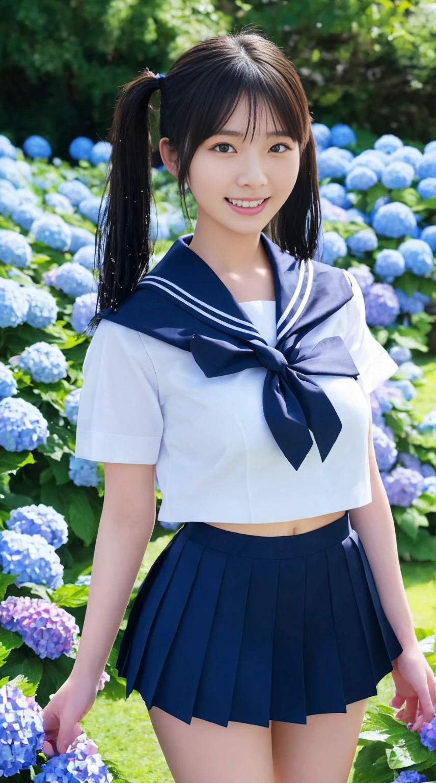 最high quality、high quality、Best image quality、Tight sailor suit、Wet and clingy sailor uniform、(Large Breasts),Summer clothes、pleated mini skirt、Twin tails、smile、,最High resolution、High resolution、最high quality、masterpiece、RAW Photos、whole body写真、Detailed and realistic human body、Detailed and realistic skin、Realistic face in every detail、Detailed and realistic eyes、Detailed and realistic lips、Detailed and realistic teeth、Detailed and realistic ears、Detailed and realistic hair、Detailed and realistic weapons、Realistic reproduction of every detail、Realistic fingers in every detail、(Beautiful Hands、thumb１reference４)、Realistic feet down to the last detail、((Beautiful Japanese Woman))、(Japanese Model)、((21 year old beautiful woman))、(Black Hair)、(Straight hair)、((whole body))、(Slim and perfect figure)、(whole body光沢肌、Fair skin)、Detailed and realistic human body、Detailed and realistic skin、Realistic face in every detail、Detailed and realistic weapons、Realistic fingers in every detail、Detailed realistic feet、Soft natural light、Japanese garden、A 360-degree view of hydrangea fields、((Standing in the middle of a hydrangea field(A girl surrounded by hydrangeas 360 degrees))、Poses to make your thighs look beautiful