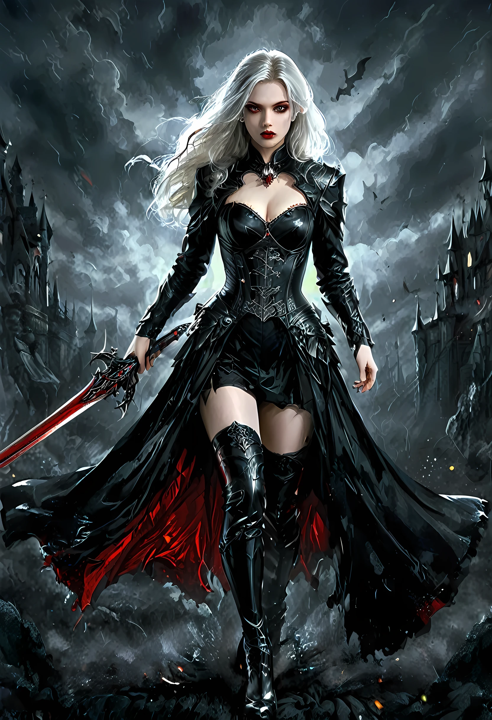 modisn disney, Arafed, action shot, Dark fantasy art, fantasy art, goth art, a picture of a female vampire, exquisite beauty, full body shot, dark glamour shot, pale white skin, blond hair, long hair, wavy hair, (glowing grey: 1.3) eyes, she wears a (red: 1.3) red tight suit, ArmoredDress, she holds a sword in hand, (ready for battle: 1.4) , the roses are imprinted on the suit (black: 1.4) black roses, high heels, dark castle, dark, black and color, Dark Art Painting Style, flower dress, dark novel