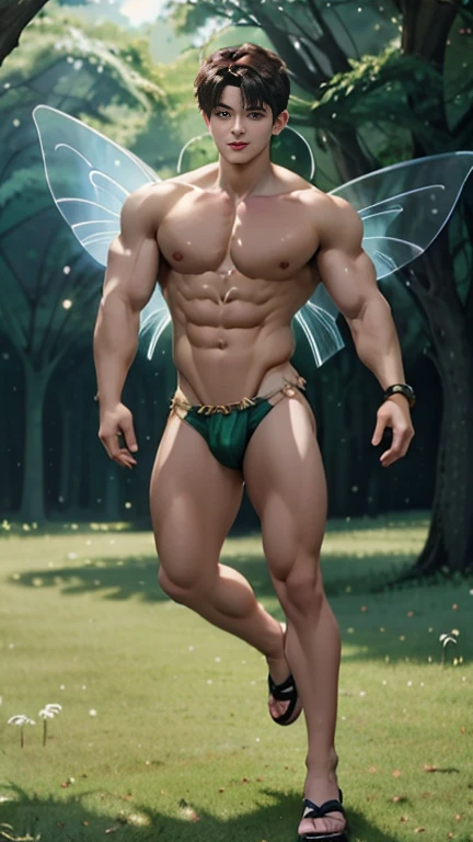 Peter Pan, young man 19 years old, ideal build, athletic, muscular legs, voluminous calves, round hips, handsome, perfect, sensual,  as a fairy guy, Ideal body, aesthetically pleasing, beautiful, erotic, fluttering over the grass, in a fairy forest, hip miniskirt, thong, transparent wings, sandals, armlets made of plants, Dynamic pose, fantasy , in Valeggio style 