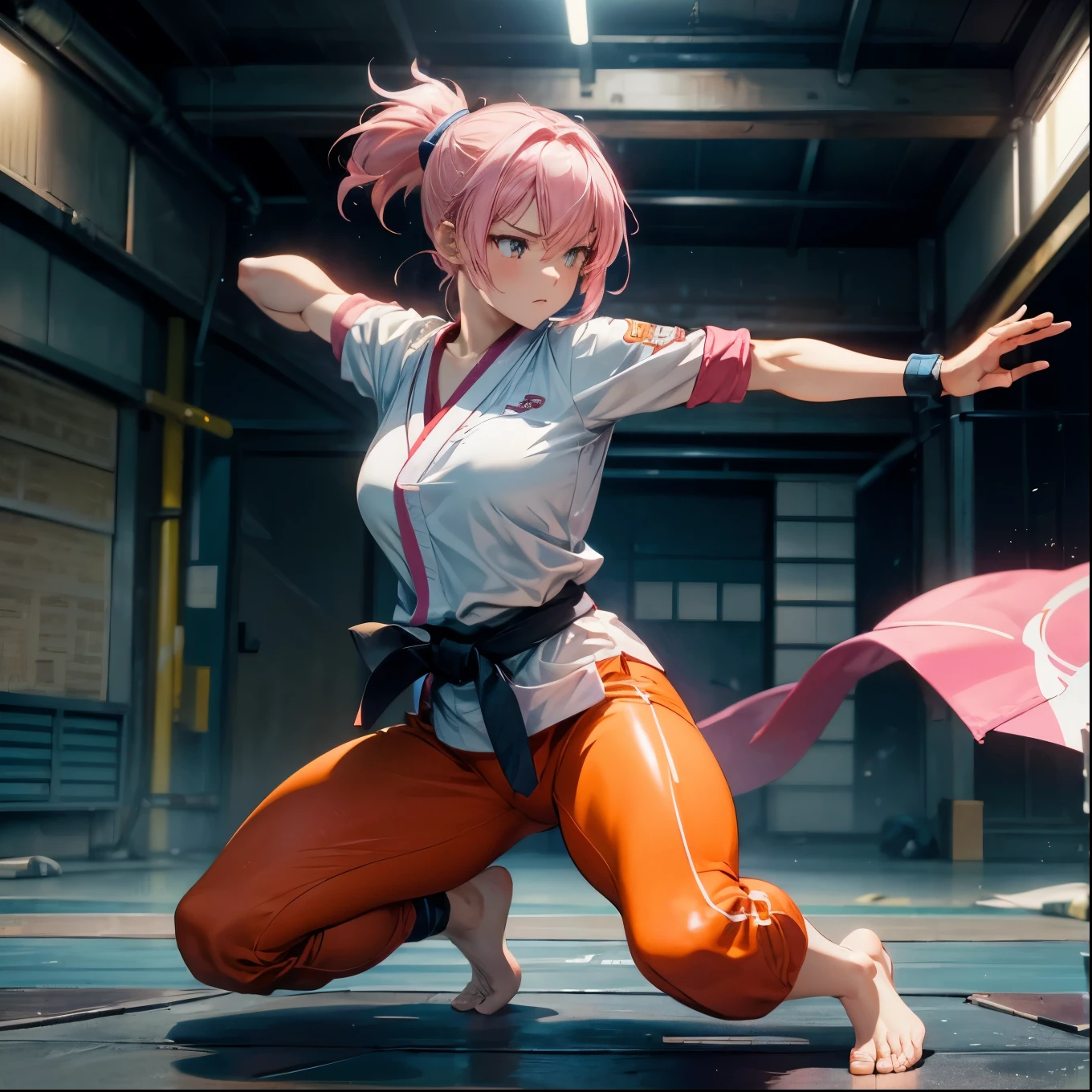 Generate images depicting dynamic battle scenes with impactful speed lines、Adventure anime, Cinematic, Very detailed, High Default, Perfect body, Dynamic Views, Quality HD12K, Eeek! Girl with pink hair, Big Breasts, Wide Hips, Karate practice, Light blue outfit, Sexier, tight, orange, barefoot, Suppressing anxiety while demonstrating kata at the dojo,