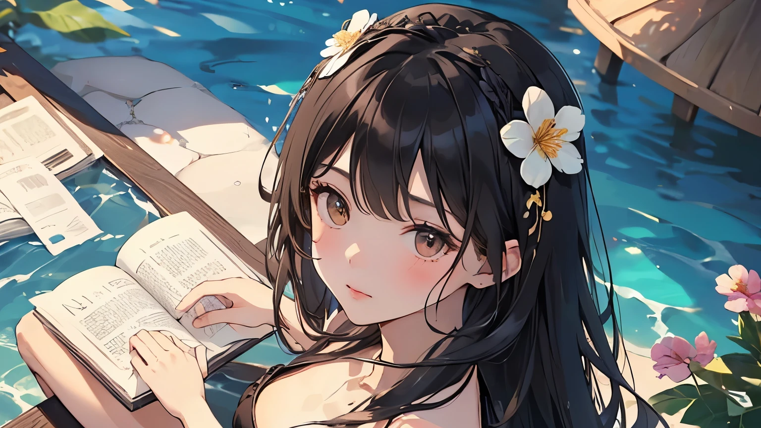 girl１people,highest quality, High resolution,thin、(delicate:1.4)、Brown eyes、expensive、7 Class-large、Black Hair、Long Hair,Straight hair、Straight hair、Ocean、(Black bandeau ??????:1.4),Gal、(Flower Hair Ornaments:1.4),cute、Shyness,Reading a book
