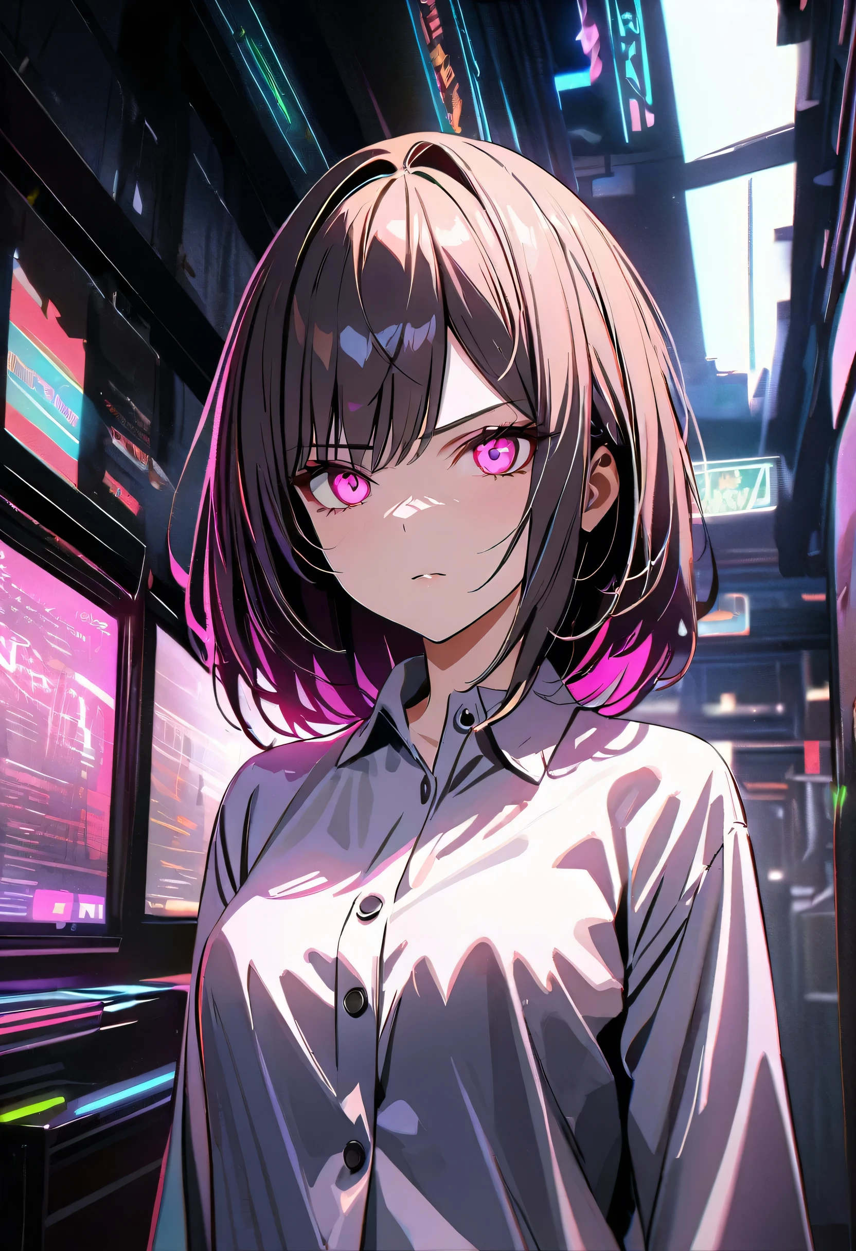 16k, High resolution, RTX, Ray Tracing, Natural light, Absurd, Top quality masterpiece, Perfect anatomy and highly detailed face, Fine grain, One girl, alone, Wearing a business suit, shirt, Open the top button, Beautiful Hair, very beautiful, Edgy, nice, Evil Aura, the wind is strong, Glowing Eyes, Serious expression, dystopian city, Futuristic, Detailed Background, Awards, Neon Light, Talked about at the art station