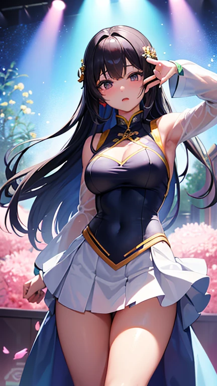 masterpiece, highest quality, One Girl, Thighs, beautiful girl, Flowers, たくさんの小さなflowerびら, flower、Narrow waist, RAWphotograph,Bright lighting、Face Light, Dynamic Lighting, Ultra-realistic, High resolution, photograph, Sharp focus, Highly detailed eyes and face,Symmetrical face, whole body、Big Breasts、Long Hair、チラリと見えるThighs、Deep valley、Beautiful valley、((((Mr.々Expression、Mr.々A pose、、Transparent Ao Dai、Micro Mini Skirt、The stage for the school festival beauty pageant、Low - Angle、Thighs、Wizard))))