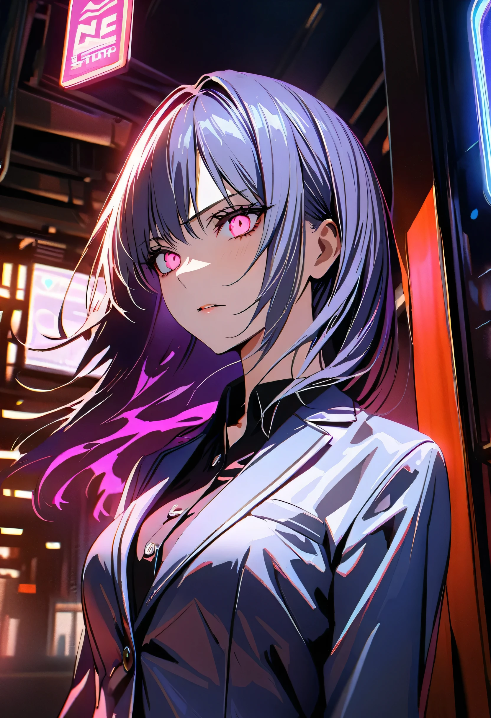 16k, High resolution, RTX, Ray Tracing, Natural light, Absurd, Top quality masterpiece, Perfect anatomy and highly detailed face, Fine grain, One girl, alone, Wearing a business suit, shirt, Open the top button, Beautiful Hair, very beautiful, Edgy, nice, Evil Aura, the wind is strong, Glowing Eyes, Serious expression, dystopian city, Futuristic, Detailed Background, Awards, Neon Light, Talked about at the art station
