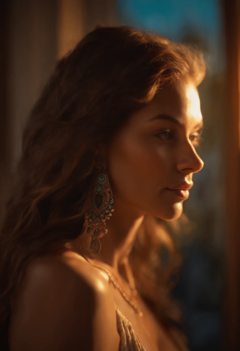 ultra detailed realistic artistic photography, colorful Beautiful woman brown hair late 40s bohemian native american features hippie Dreamy, Glowing, The light from the back window is backlighted, Shadows, oil on the canvas, smooth, hyper HD, 8K, super sharp focus, masterpiece of intricate artwork, Highly detailed, vibrant, production character render, ultra high quality model staring at the viewer