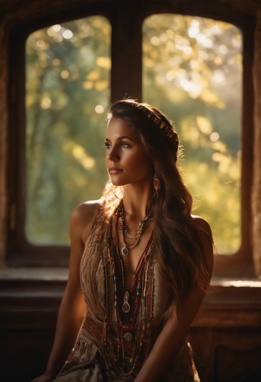ultra detailed realistic artistic photography, colorful Beautiful woman brown hair late 40s bohemian native american features hippie Dreamy, Glowing, The light from the back window is backlighted, Shadows, oil on the canvas, smooth, hyper HD, 8K, super sharp focus, masterpiece of intricate artwork, Highly detailed, vibrant, production character render, ultra high quality model staring at the viewer