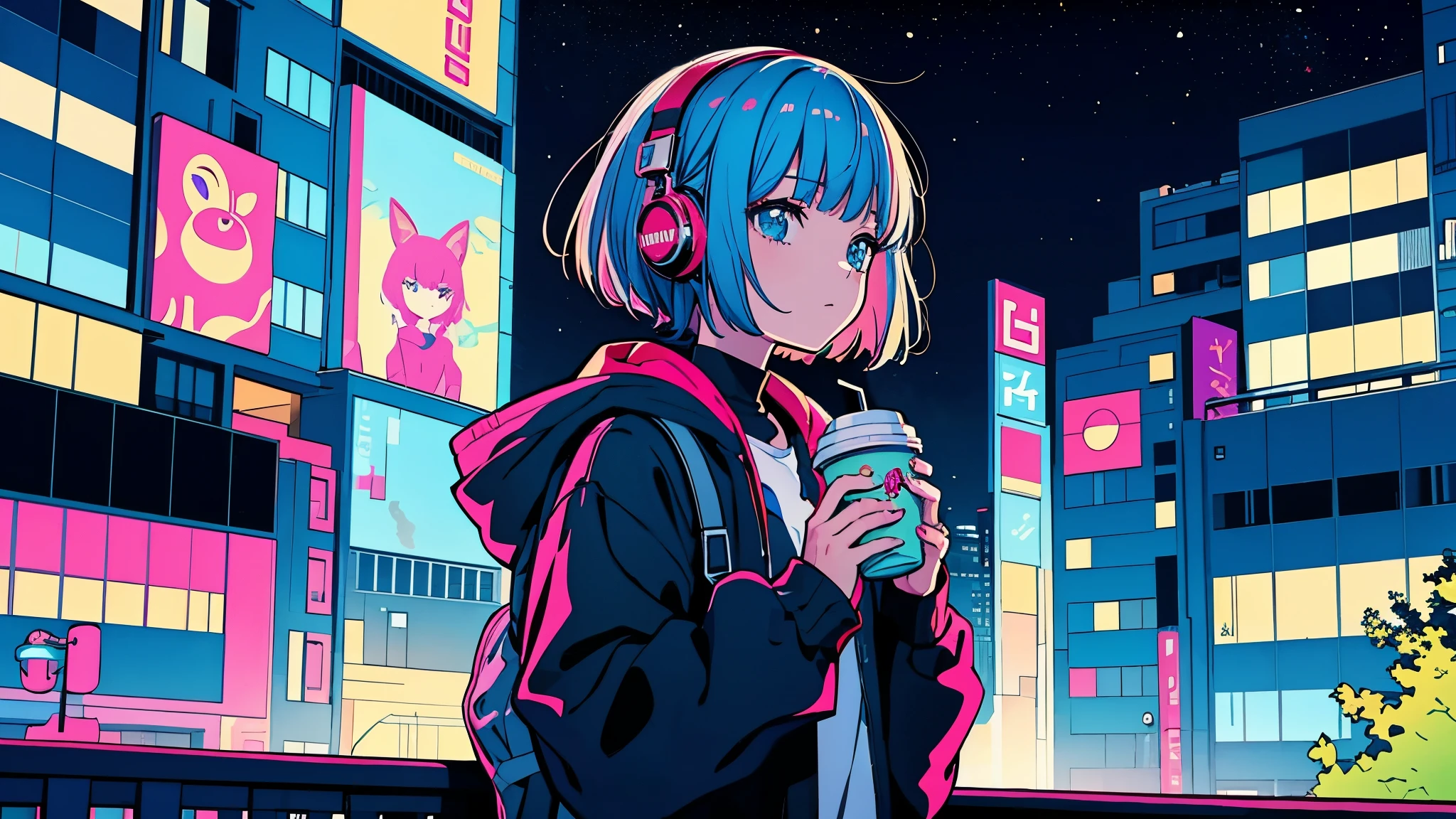 A girl drinking hot coffee while listening to jazz music through headphones, Watching the night sky from the balcony, alone, Lofty Girl, Lo-fi Art Style, Lofty Girl aesthetic, By Gairan, anime aesthetics, relaxed mood, lo-fi illustration style