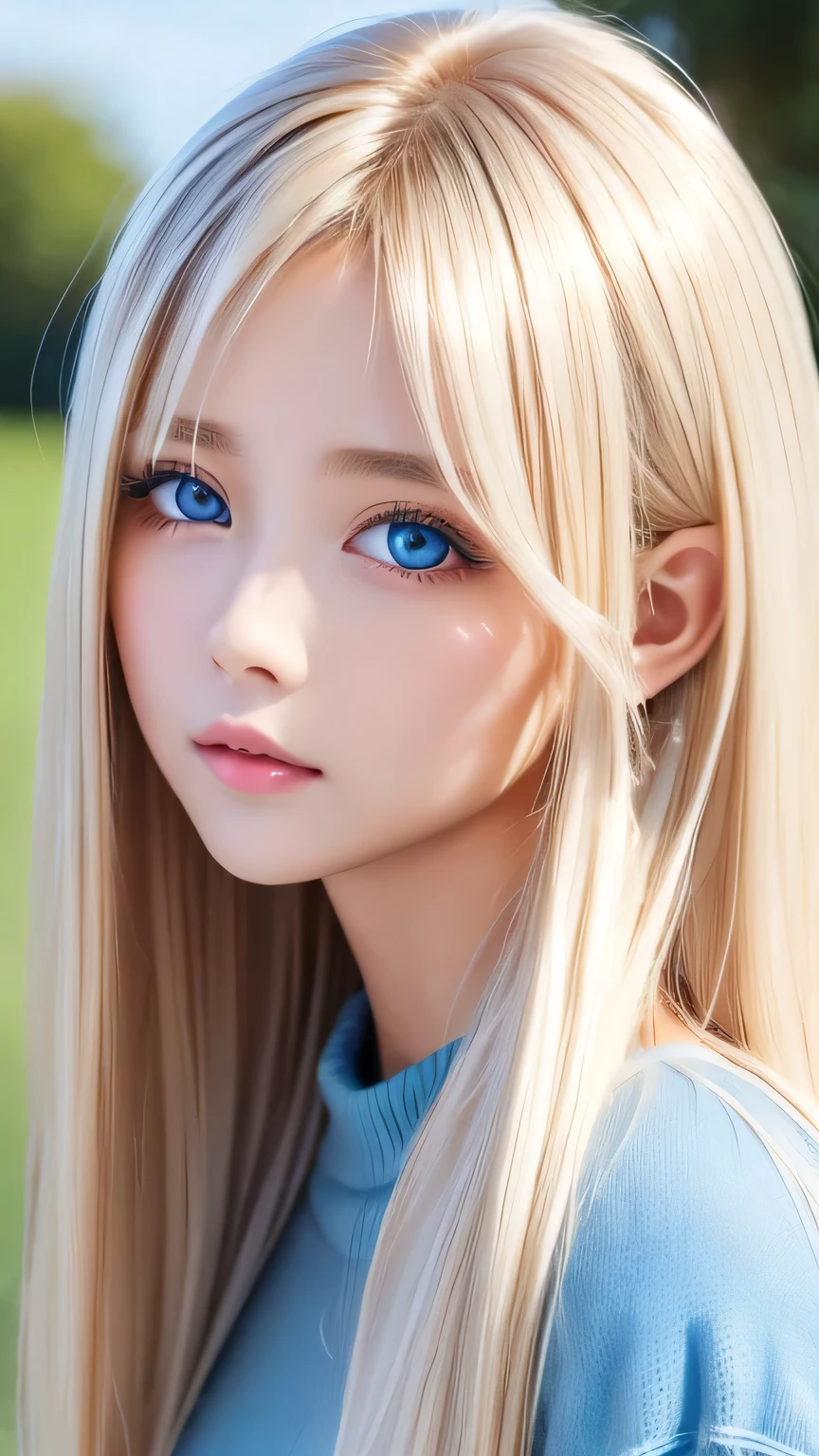 A perfectly beautiful face、Super long messy silky beautiful blonde、Beautiful cute girl 15 years old、Sexy and very beautiful cute face、Beautiful cute sexy bright pale sky blue big eyes、Long beautiful bangs、Very super long beautiful blonde shiny silky hair、Very white skin、Cheek gloss、Glossy Skin、eyeliner、A peerless beauty、Hair above the eyes、片Hair above the eyes、Hair between the eyes、